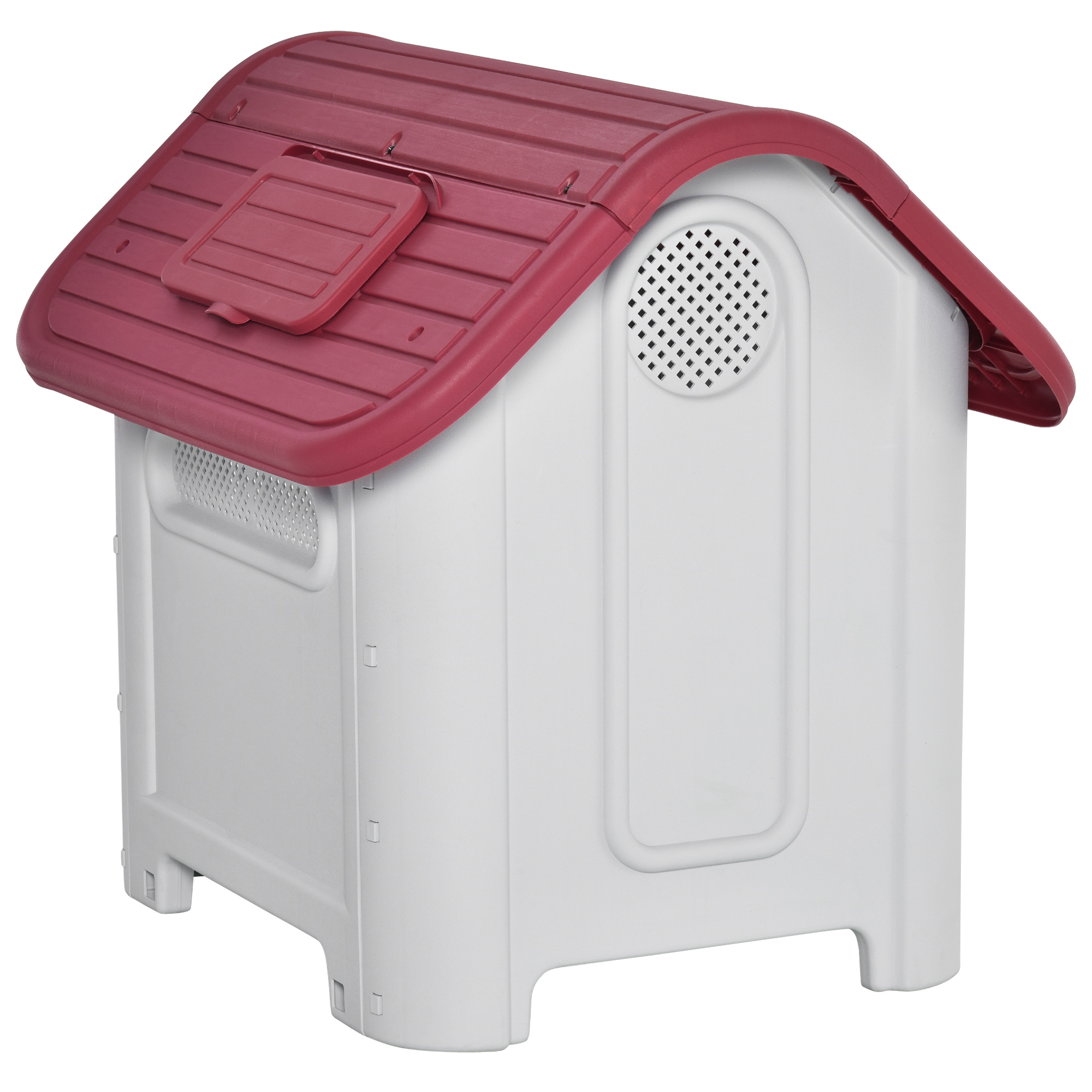 Hundehütte Outdoor, Hundehaus mit Dachluke Tor Unterschlupf, Wasserdichte Hundehöhle mit Luftzirkulation Hütte für kleine Hunde, draußen Rot+Hellgrau 59 x 75 x 66 cm