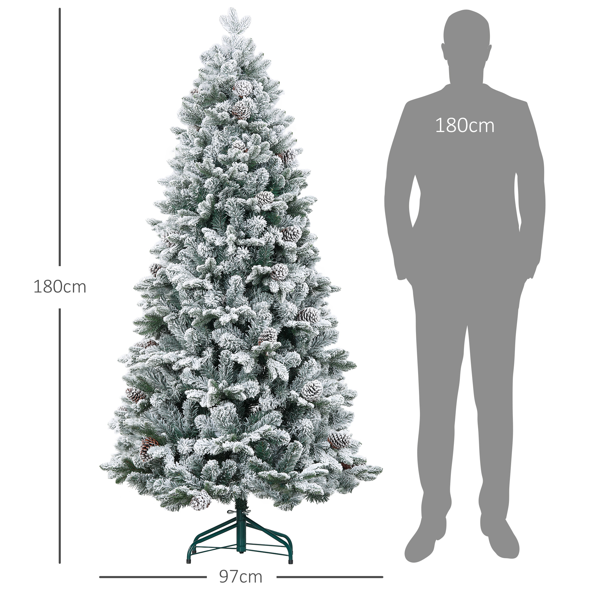 Weihnachtsbaum, Kunstschnee & Tannenzapfen, realistisch, flammhemmend, Metallfuß, 183 cm, Grün