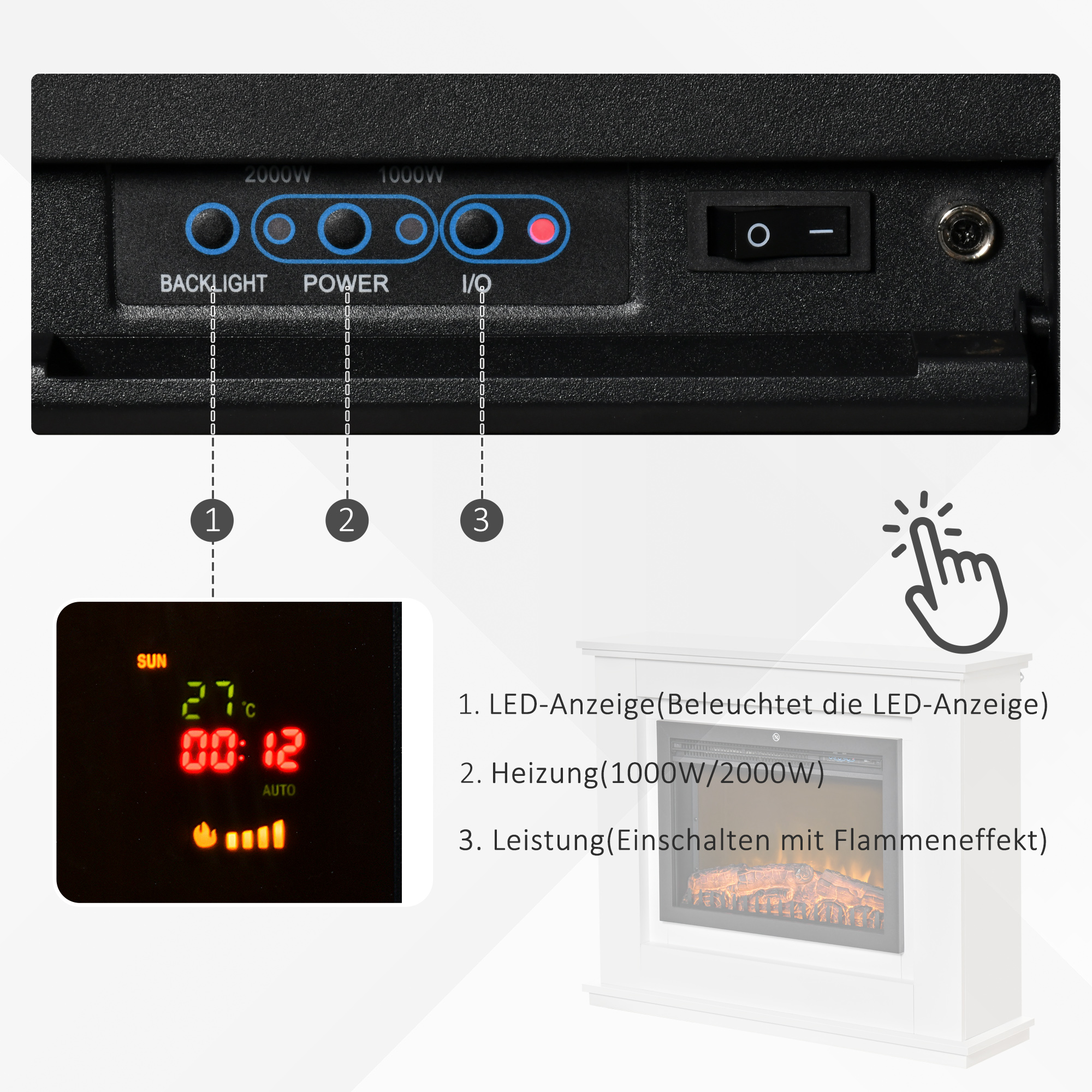 Elektrischer Kamin, 3D LED-Flammen, Fernbedienung, Timer, MDF, Weiß