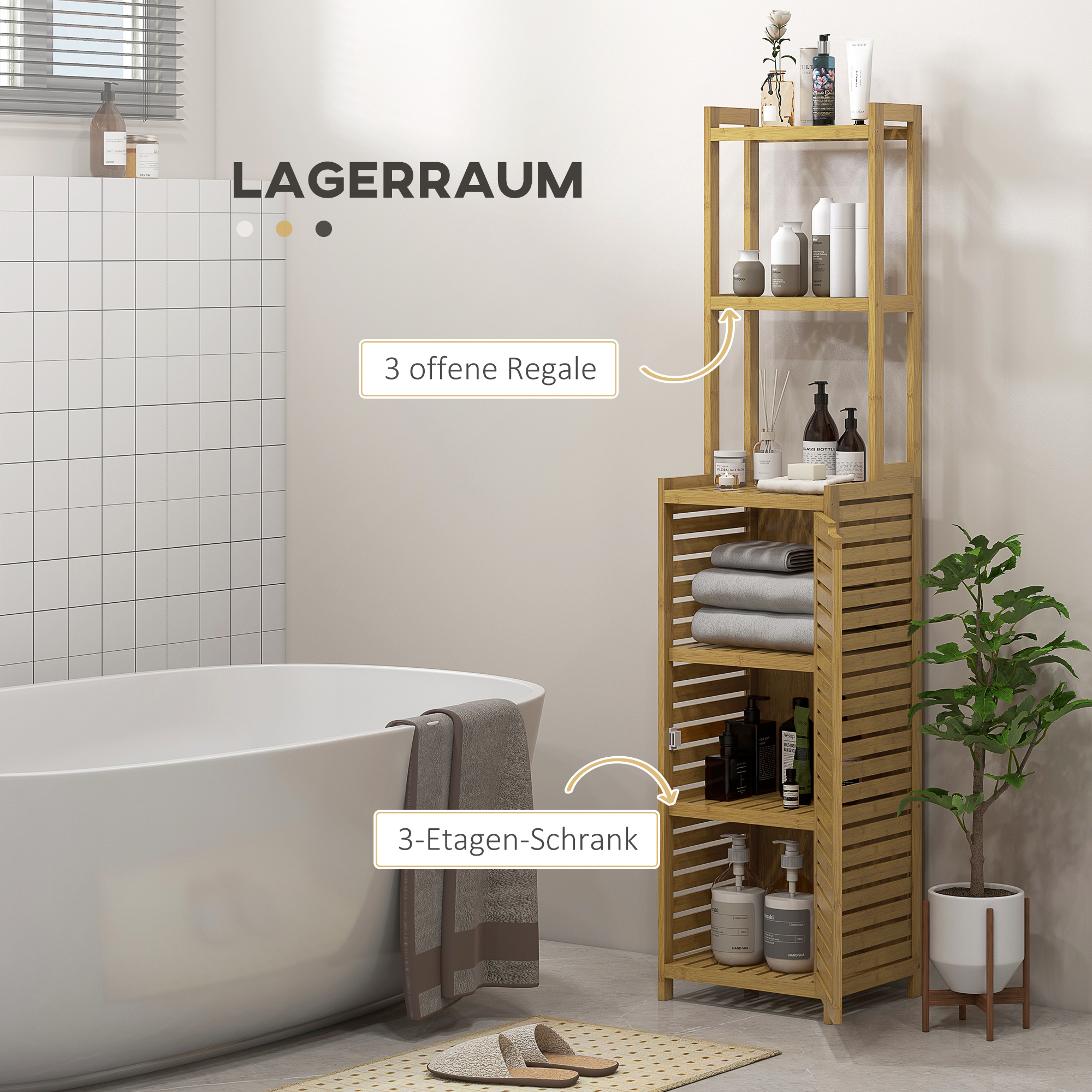 Badezimmerregal Badregal, 3 Regale, 1 Schrank, 38,5 cm x 33 cm x 170 cm, Natur