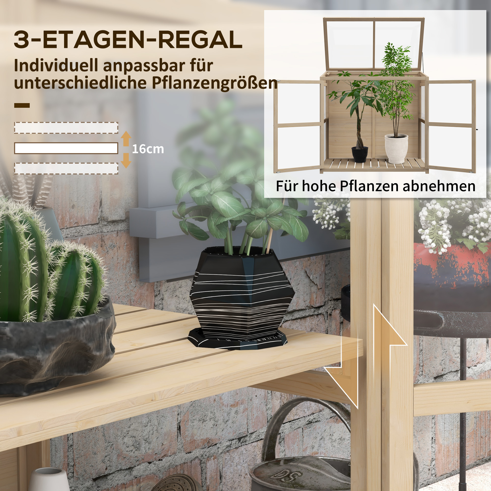 Frühbeet Hochbeet Pflanzenbeet, wetterbeständig, 2 Ebenen, Fichtenholz, 103 x 61 x 103 cm, Natur