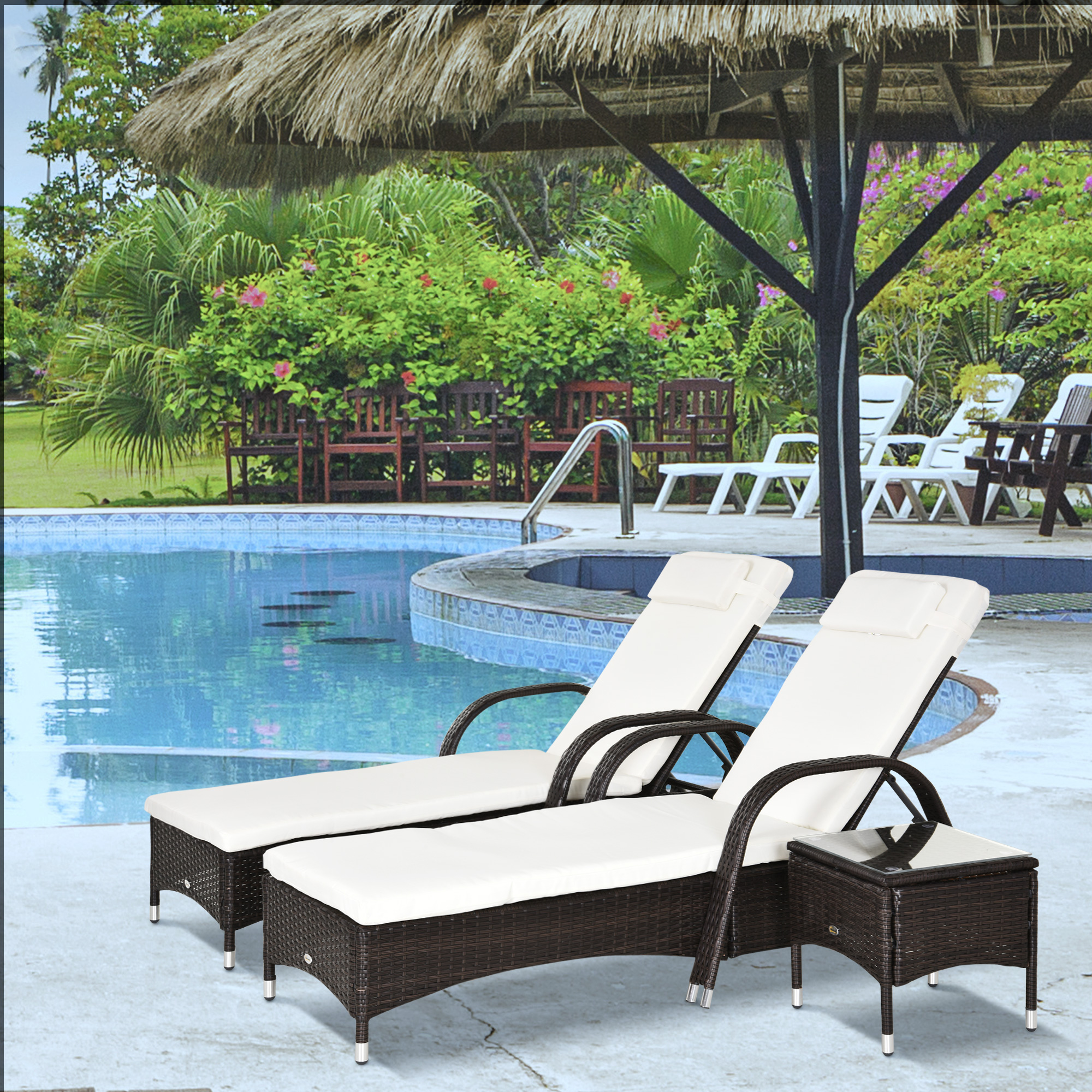 3er-Sonnenliegen-Set, 2x Gartenliege mit Beistelltisch, inkl. Liegeauflagen, Polyrattan, Braun+Cremeweiß