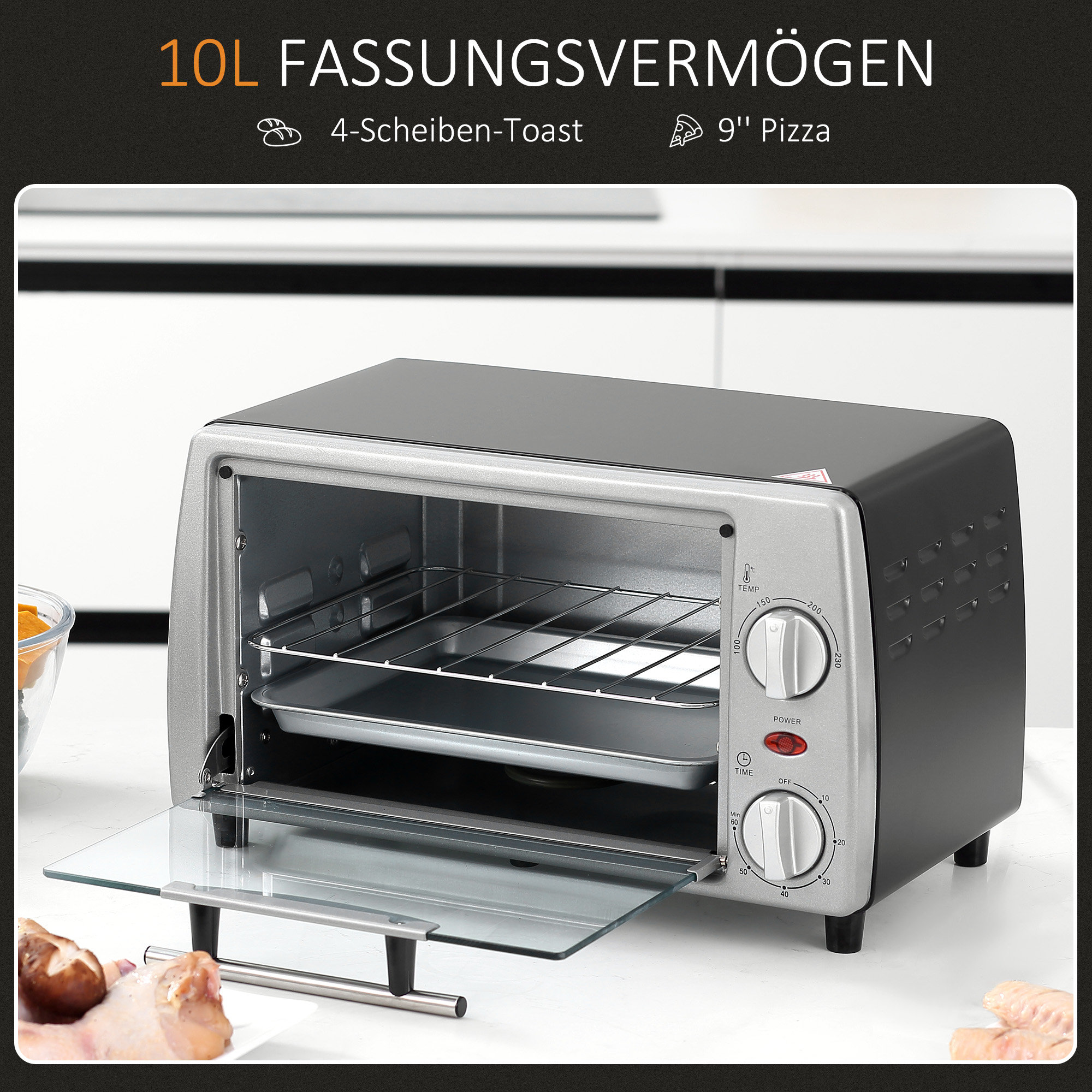Mini Backofen 10 L 750W 100-230? 60 Min, Timer mit Backblech, Grillrost und Herausnehmbarer Bodenschale, Pizza-Ofen Silber