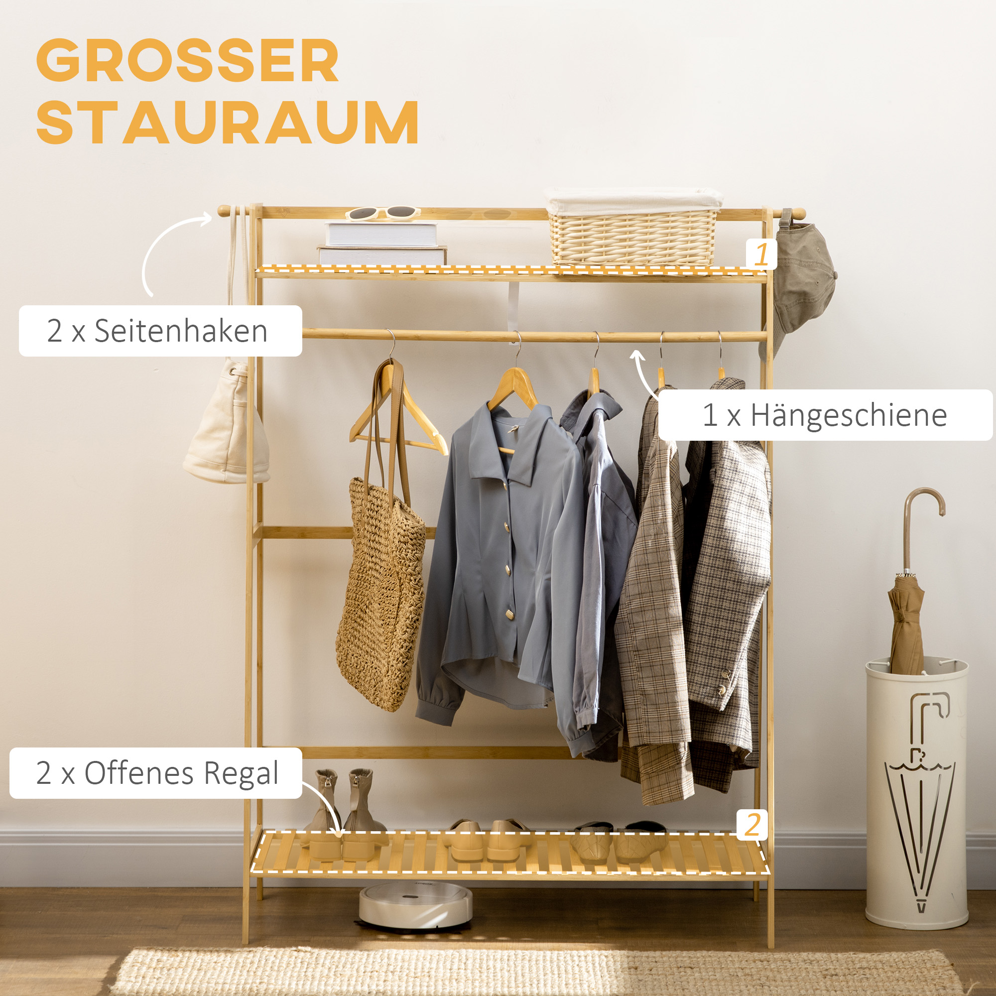 Kleiderständer aus Bambus, 2 Kleiderhaken, Kleiderstange, 2 Ablagen, 114 x 40 x 139 cm