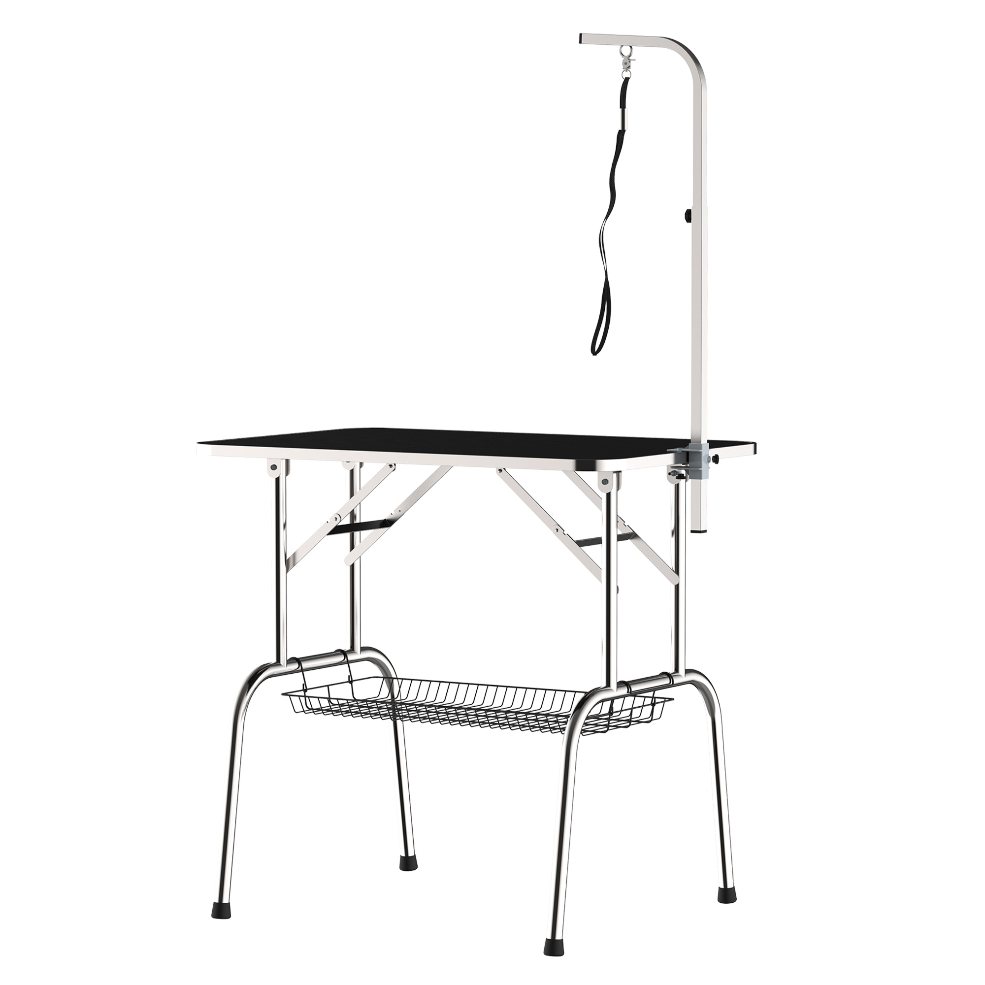 Trimmtisch für Hunde Hundepflegetisch klappbar, Haustierpflegetisch mit höhenverstellbarem Galgen, Schlingen, Netzkorb, Schertisch bis 150 kg, 90 x 60 x 75 cm, Schwarz