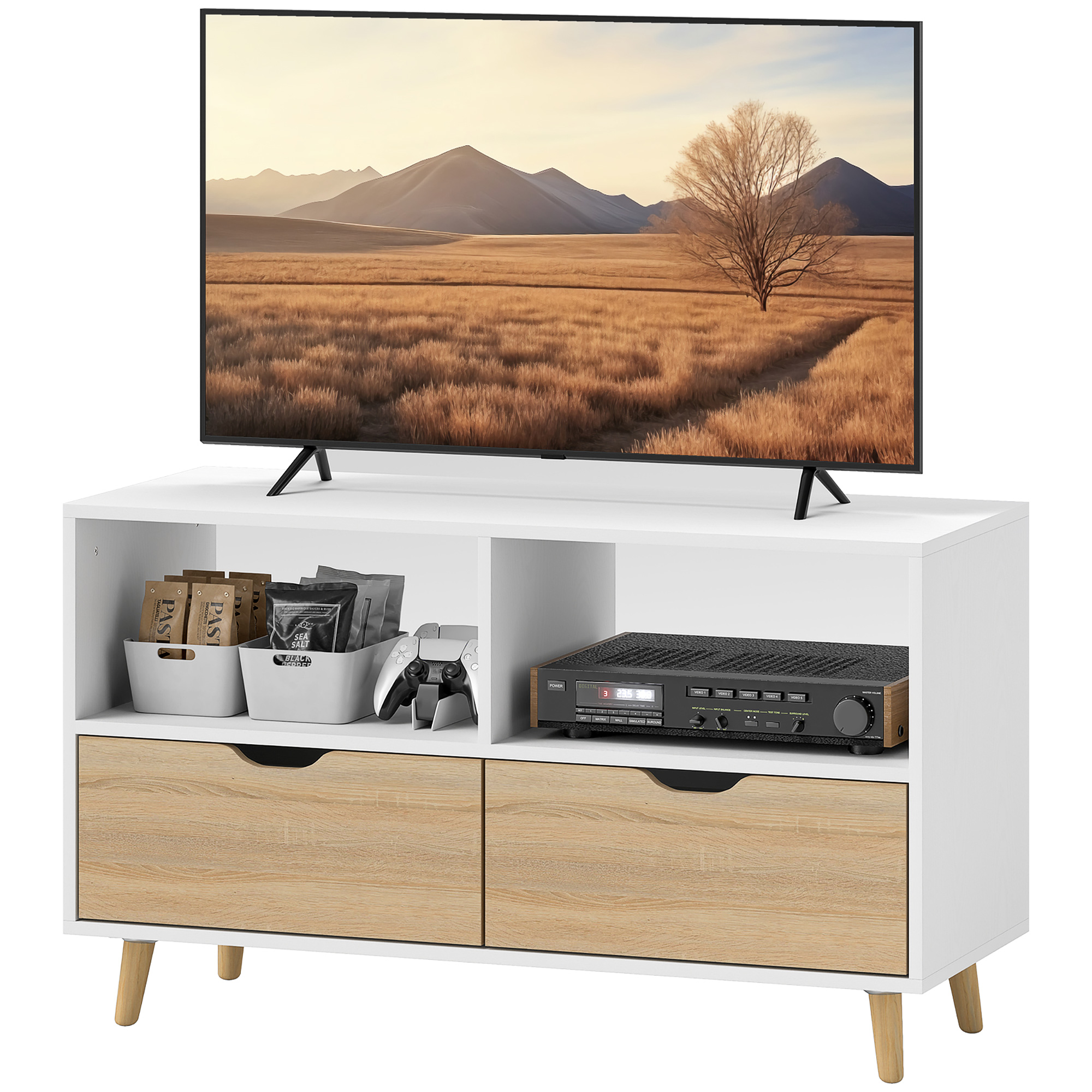 TV-Schrank, TV-Kommode mit Schubladen, Offene Regale, Holz, 99 x 39 x 58 cm, Weiß TV-Schrank, TV-Kommode mit Schubladen, Offene Regale, Holz, 99 x 39 x 58 cm, Weiß