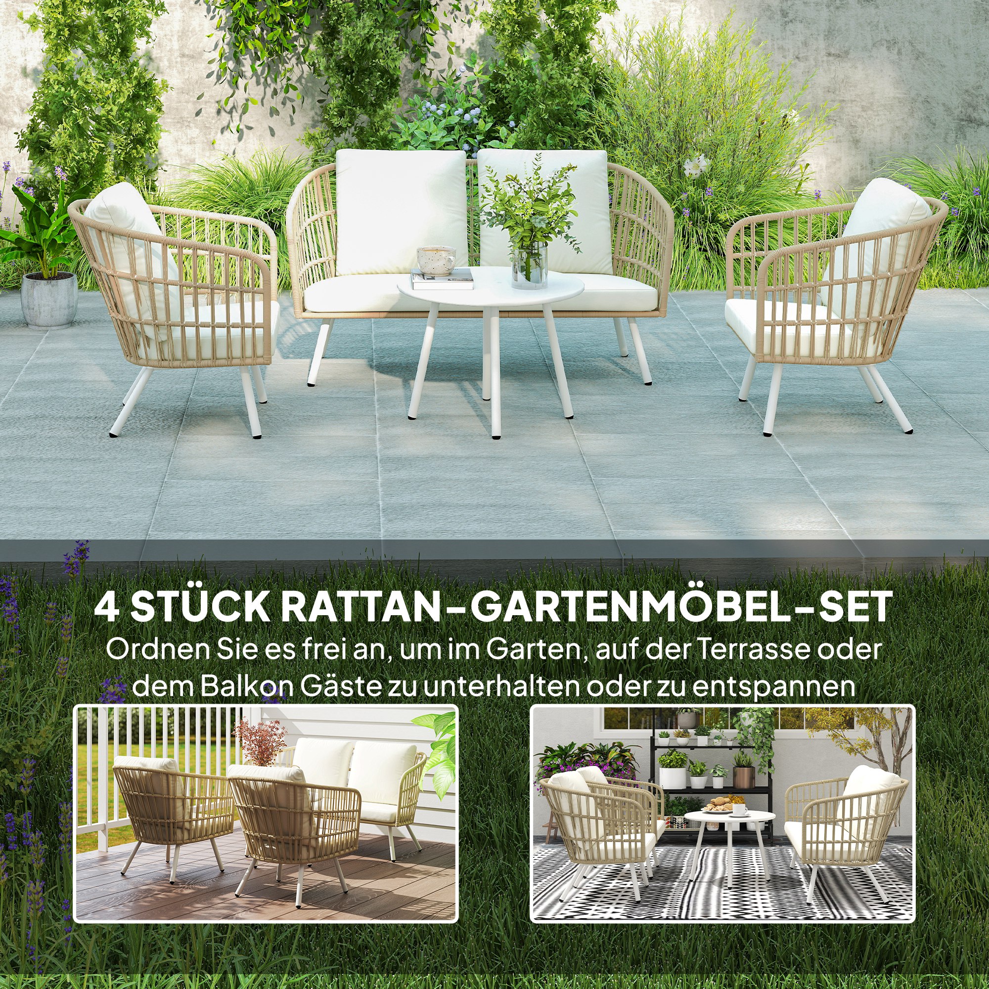 Gartenmöbel Set aus Polyrattan Lounge-Set mit 2er Sofa Sessel Tisch Kissen wetterfest für 4 Personen Khaki