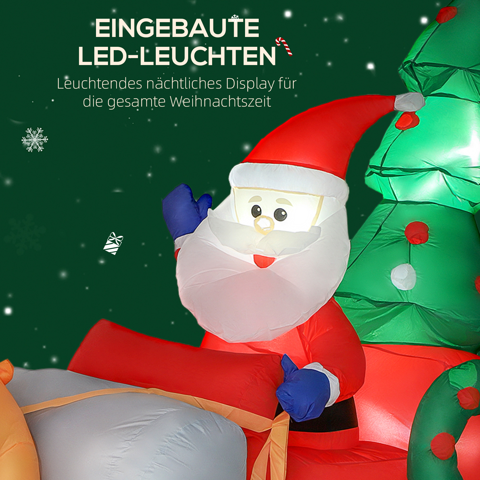 Aufblasbare Weihnachtsdekoration, Weihnachtsmann in Rentierschlitten, Polyesterstoff, LED-Lichter, Bunt