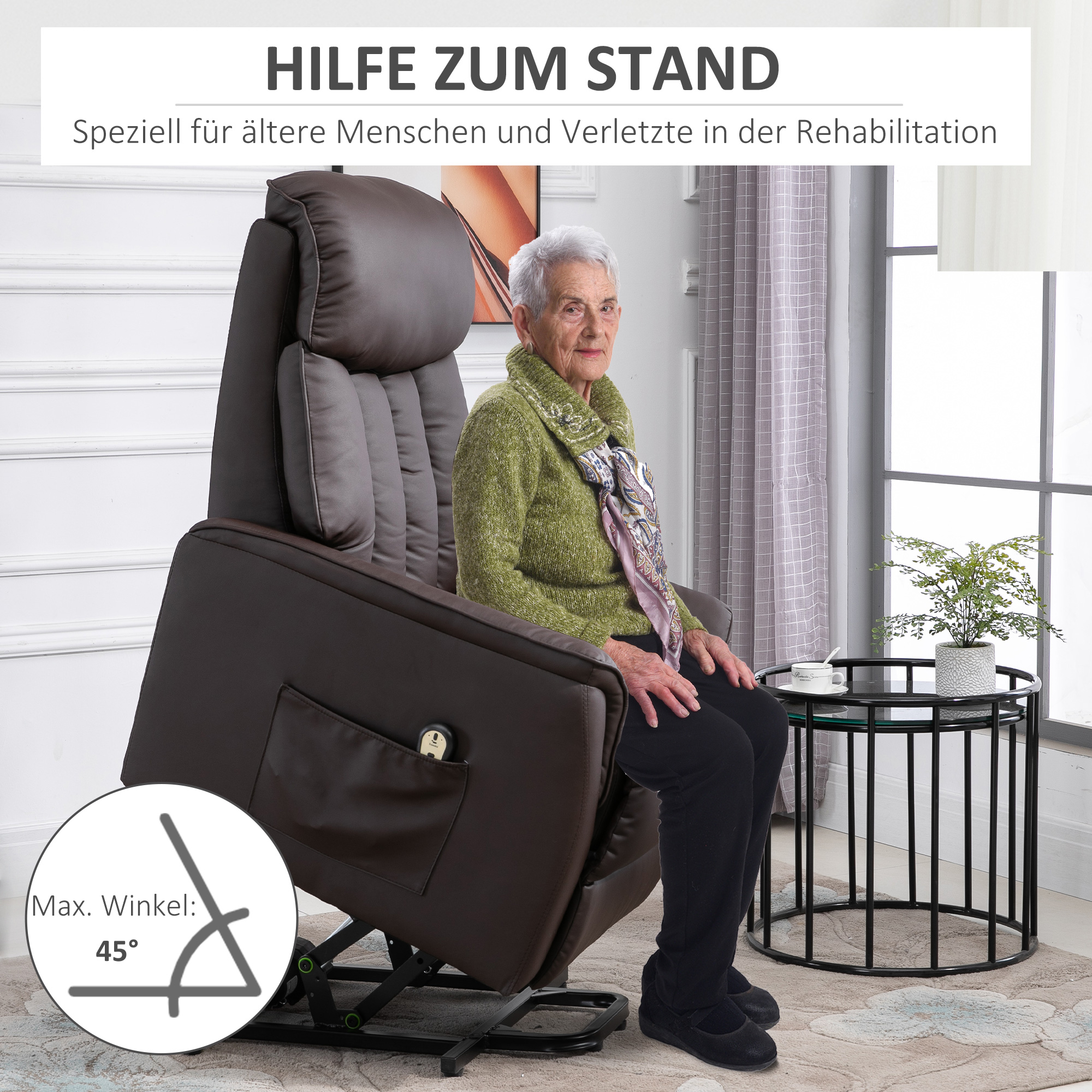 Relaxsessel Elektrisch Fernsehsessel mit Aufstehhilfe, Liegefunktion, TV Sessel mit Fußteil, Seitentasche, Fernbedienung, für Wohnzimmer, bis 150 kg, Kunstleder, Braun