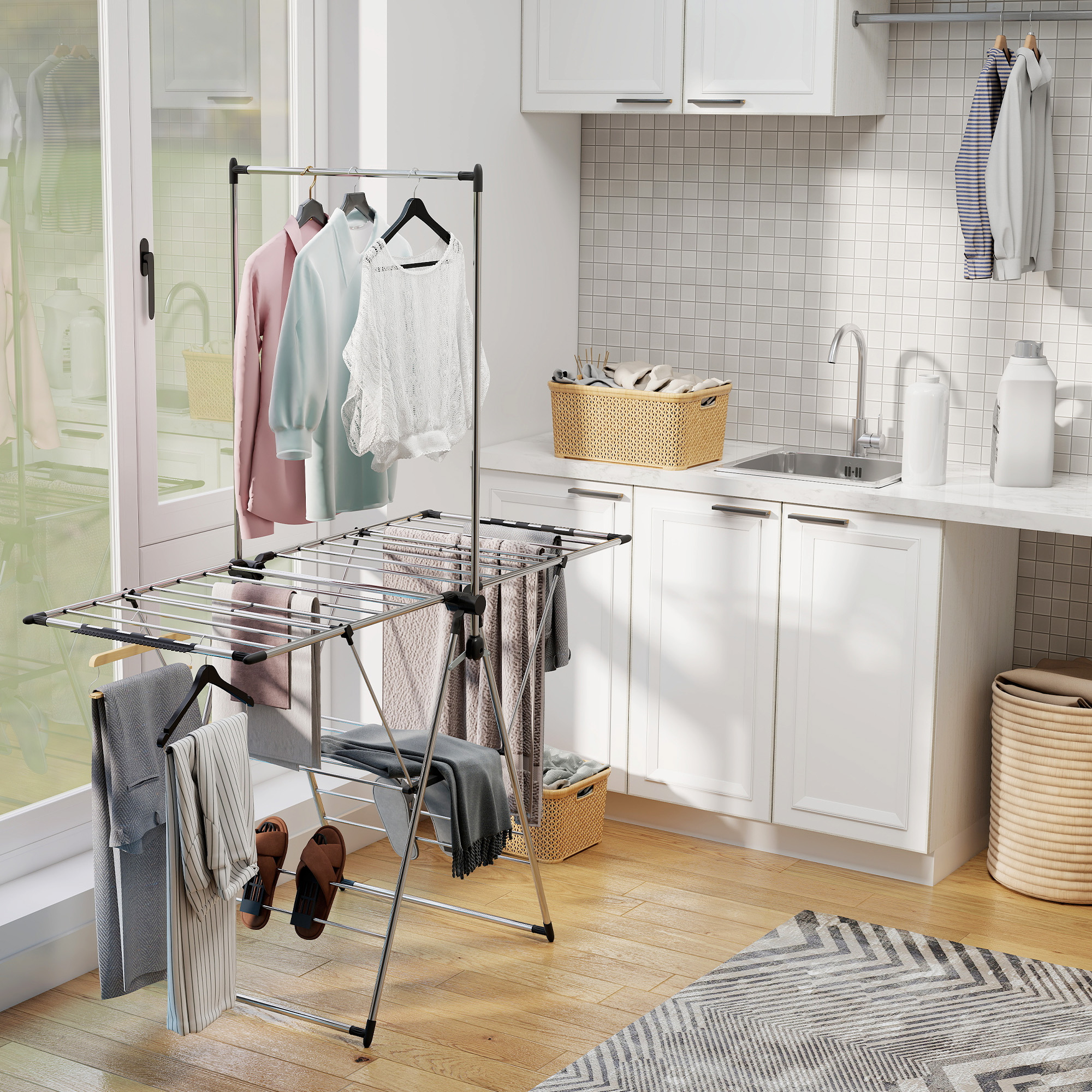 Wäscheständer faltbar Standtrockner mit verstellbare Flügel, Schuhhaltern, Edelstahl, 156,5 x 68 x 192 cm, Silber