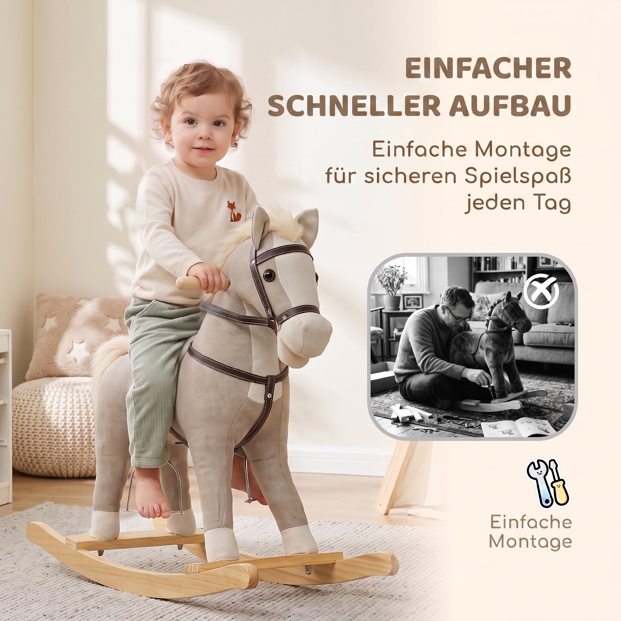 Schaukelpferd mit Sound und Sicherheitsgriffen, Reitpferd mit Holzgestell für Kleinkinder von 12–36 Monaten, Grau
