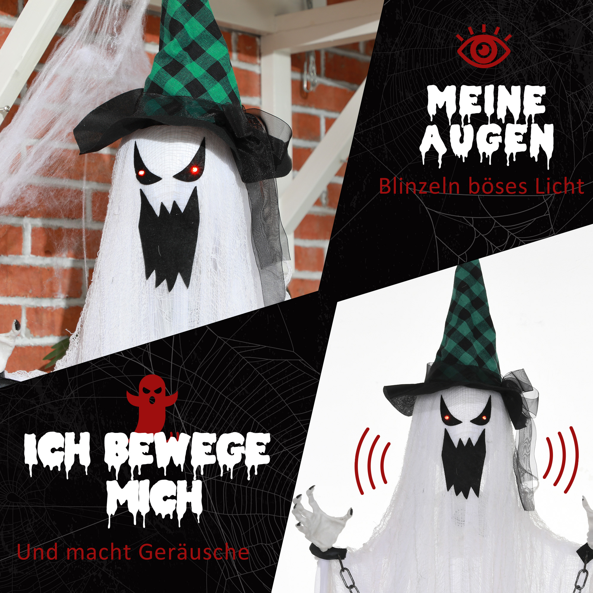 Geister-Dekoration für Halloween, Grusel-Heulen und Bewegung, batteriebetrieben