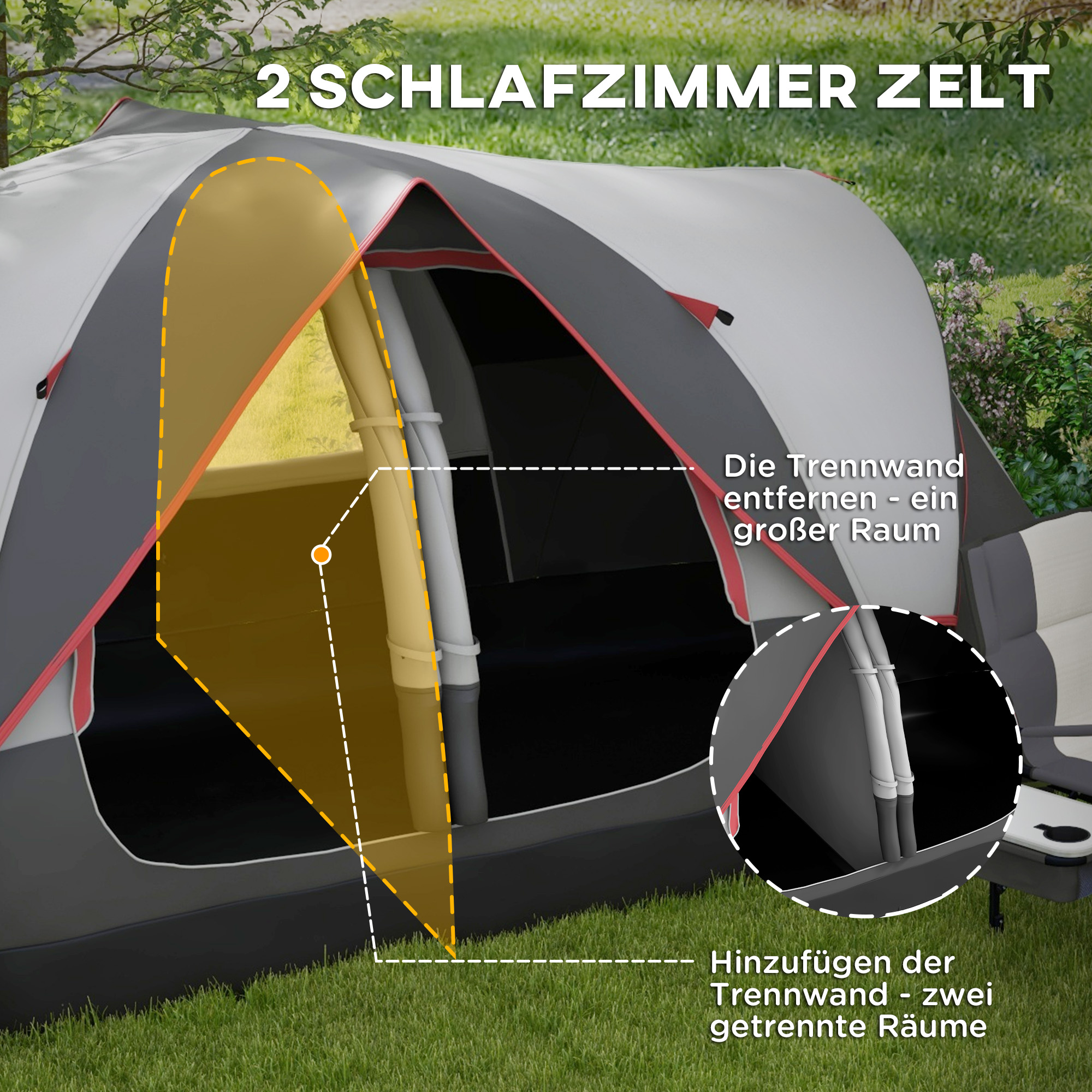 Campingzelt, 2 Räume, Trennwand, für 6-8 Personen, Regenschutz, Grau