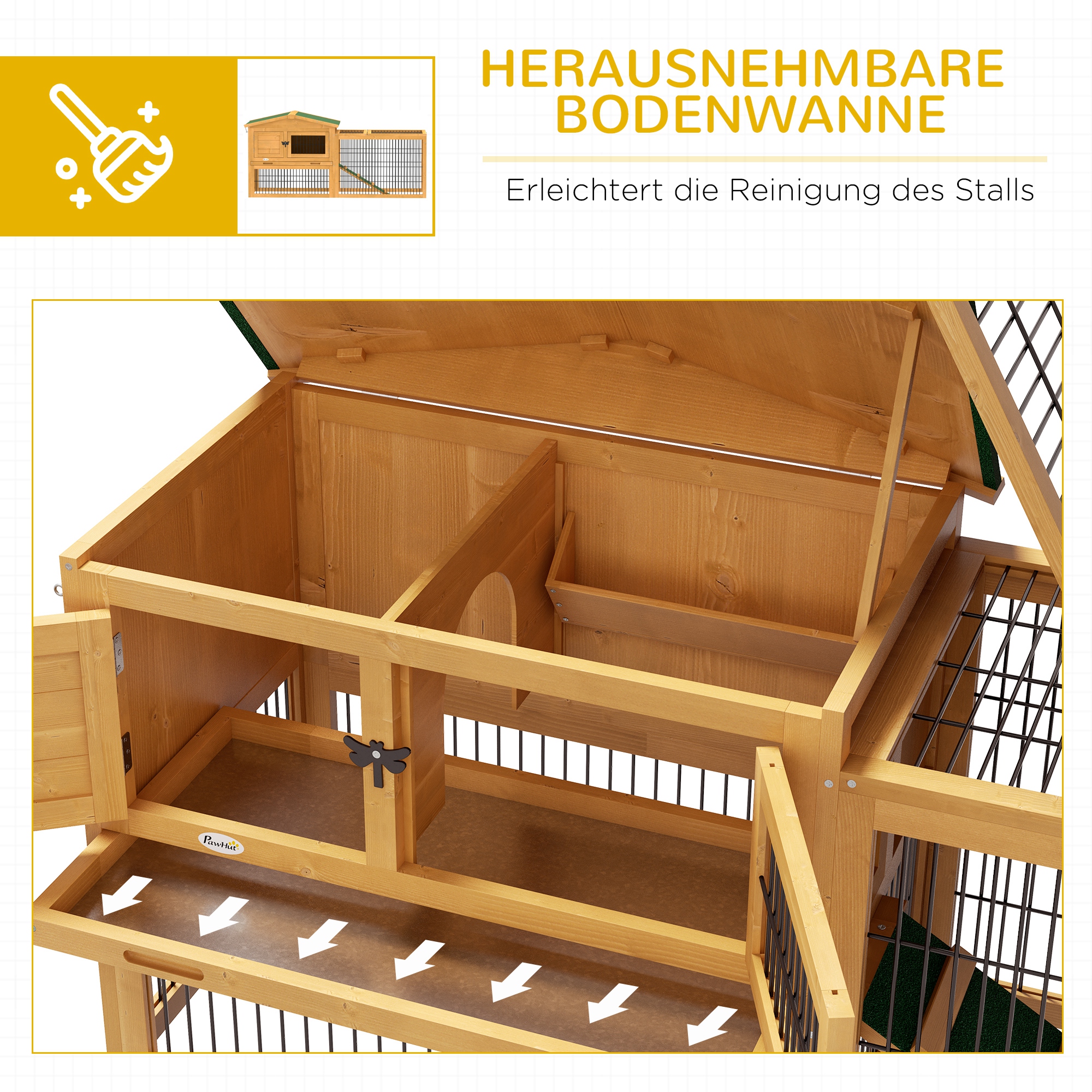Hasenstall 2 Ebenen Kaninchenstall Tannenholz Winterfest Doppelstockhaus mit Freilaufgehege Rampe 150x52x68 cm Gelb