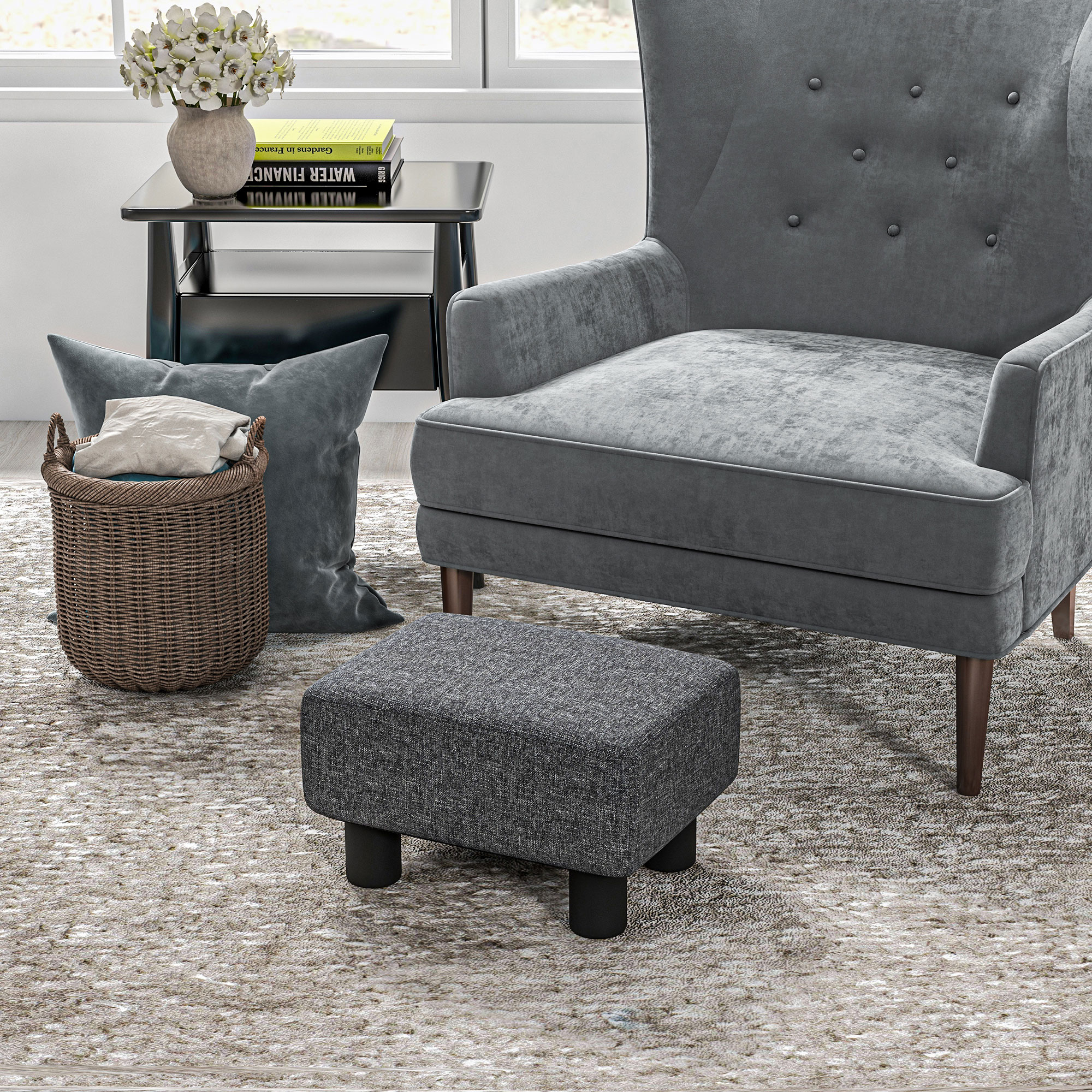 Fußhocker, Sitzhocker mit leinenartigem Stoffbezug, Schaumstoff-Füllung, Kunststoffbeine, für verschiedene Räume, Grau