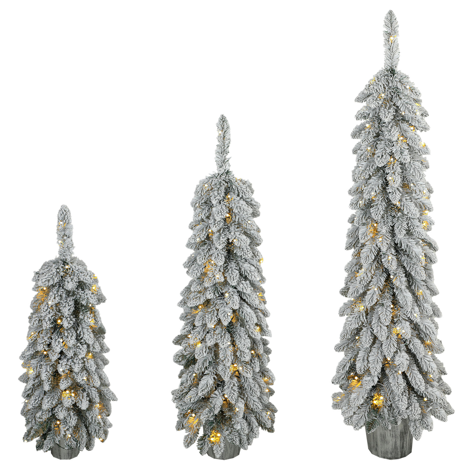 3er-Set beschneite künstliche Weihnachtsbäume, vorbeleuchtet mit PVC-Zweigspitzen und warmweißen LED-Lichtern
