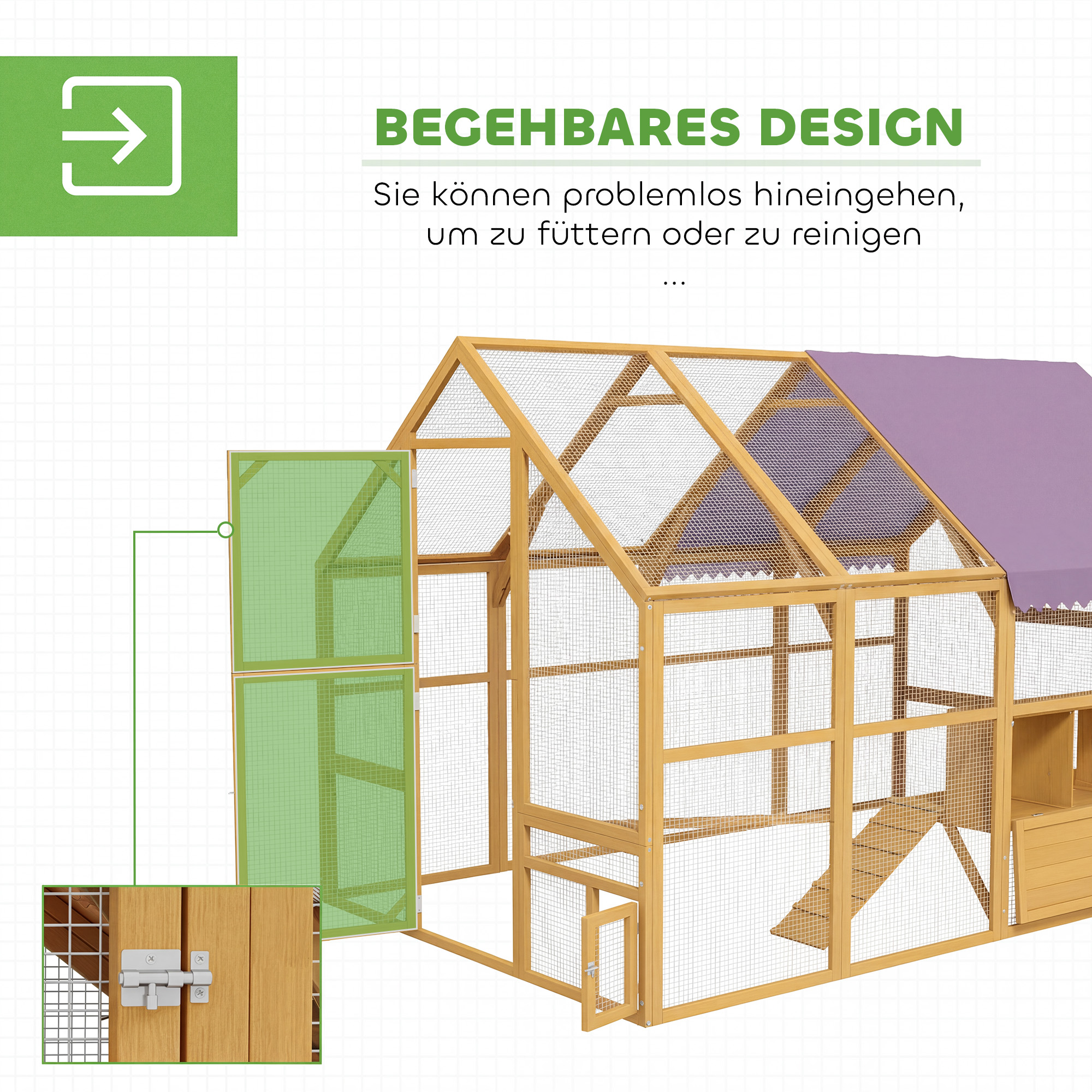 Hühnerstall Holz mit Freilauf, Sicherheitsschloss, Tür, 4 Nistkasten, für 8-12 Hühner, ca, 2,8 x 1,8 x 1,9 m, Gelb