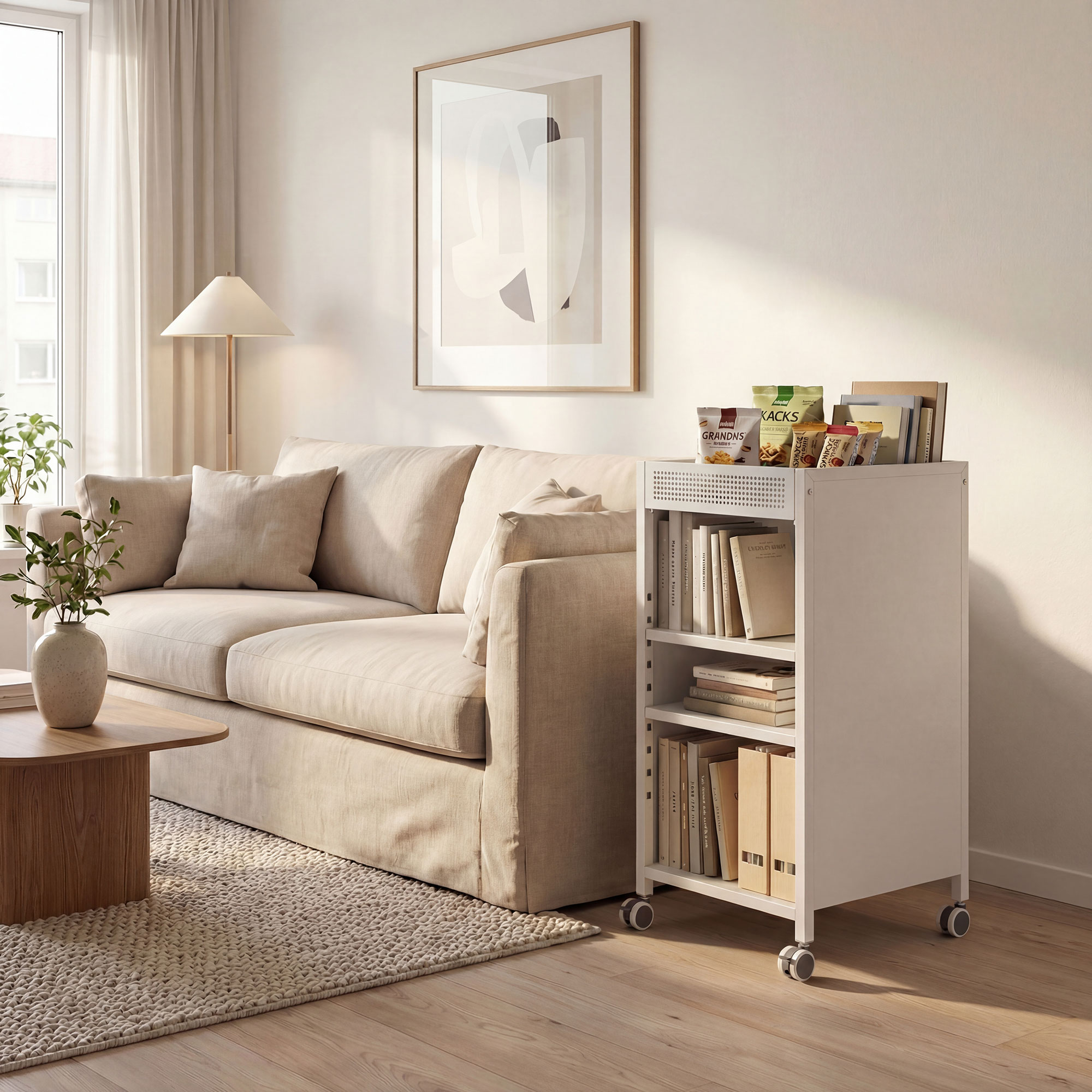 Bücherregal mobil mit verstellbaren Regalen, 3-stufiger Rollwagen mit oberem Korb, Weiß