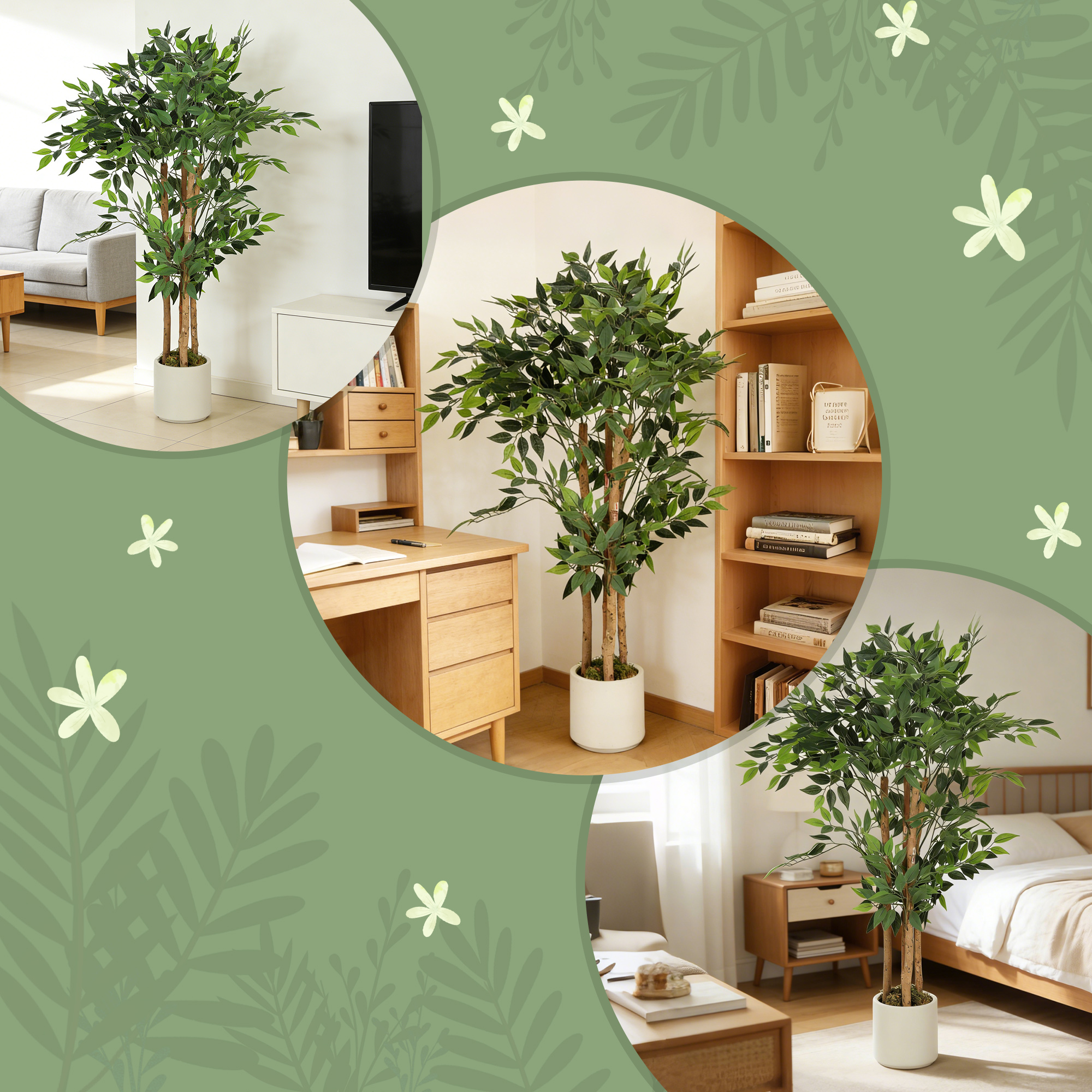 Künstlicher Banyanbaum Kunstpflanze mit Massivholzstamm, Topf, für Wohnzimmer Schlafzimmer Büro 55 x 55 x 120 cm Grün
