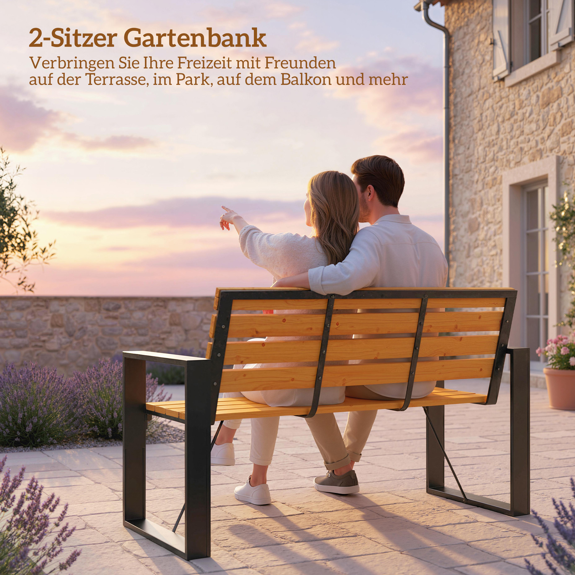 Gartenbank 2-Sitzer Wetterfest Holzbank mit Lamelldesign Armlehnen, Holz Sitzbank bis 240 kg Naturholz