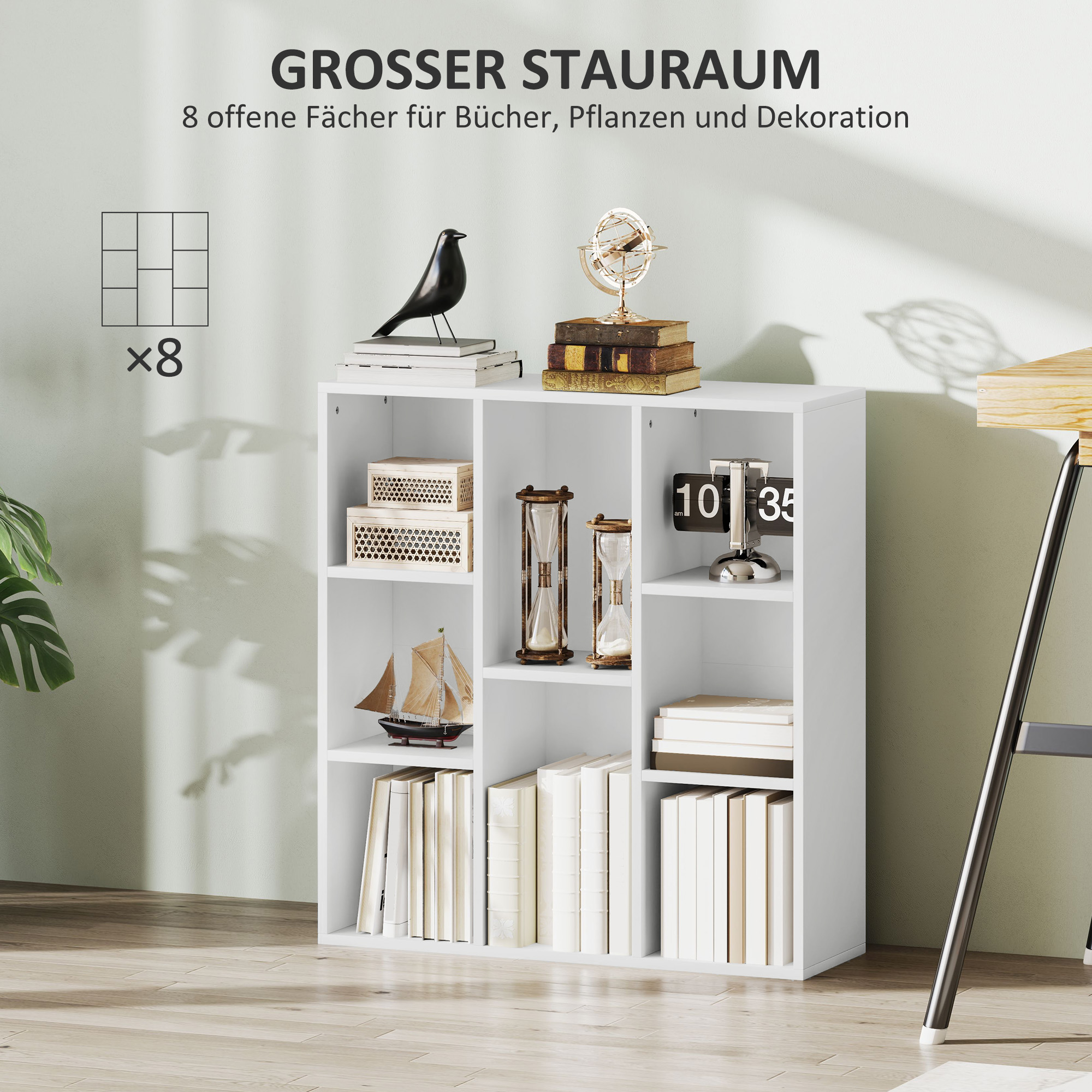 3-Ebenen-Bücherregal, 8 Fächer, Spanplatte, Aufbewahrungsregal, Weiß