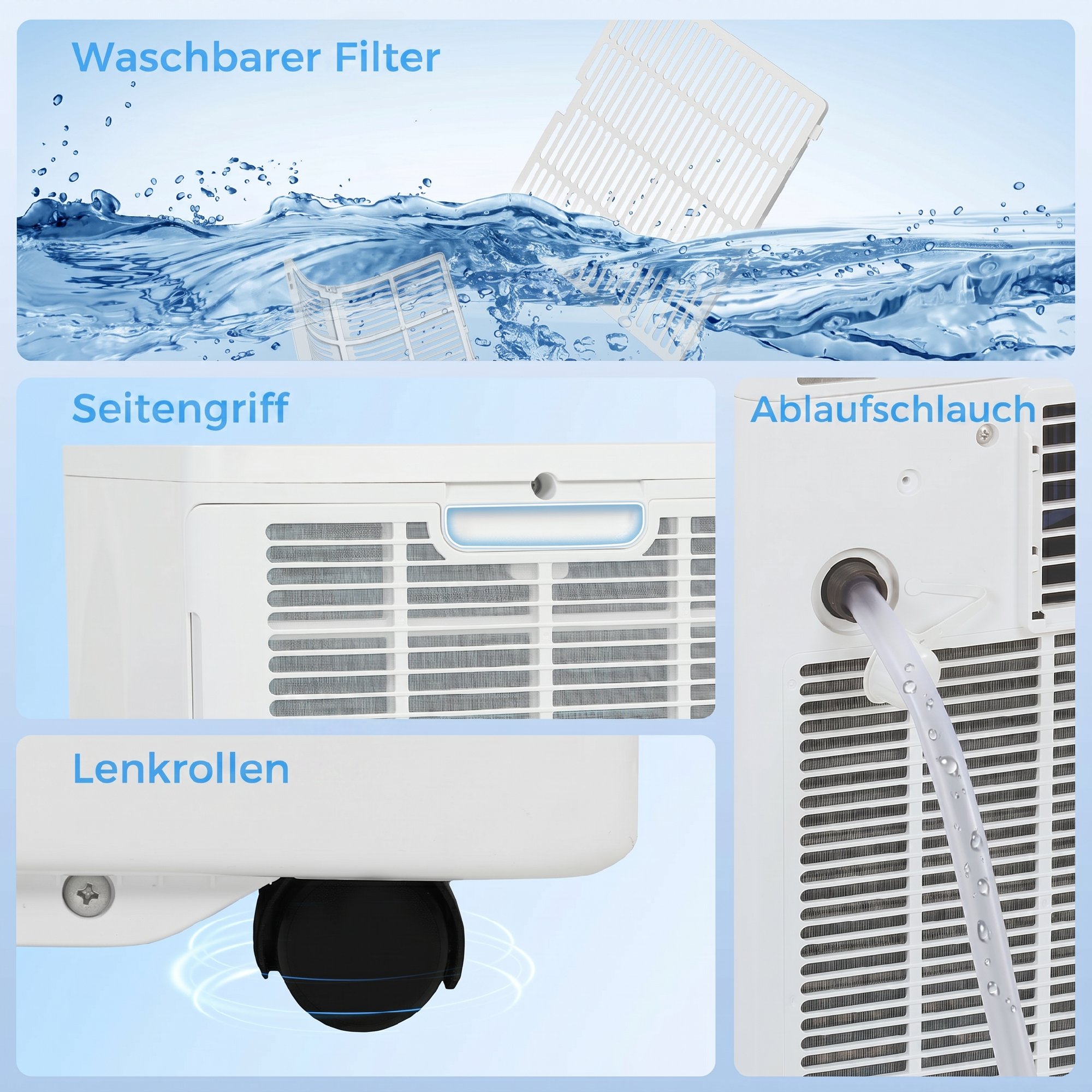 Mobiles Klimagerät 9000 BTU, 4-in-1 Mobile Klimaanlage mit Kühlung, 40 L/Tag Entfeuchter, Ventilator, Schlafmodus