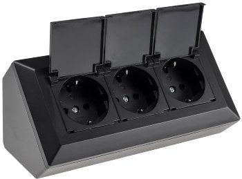 3-fach Steckdosenblock, schwarz, 250V~/ 16A, Aufbaumontage mit Klappen