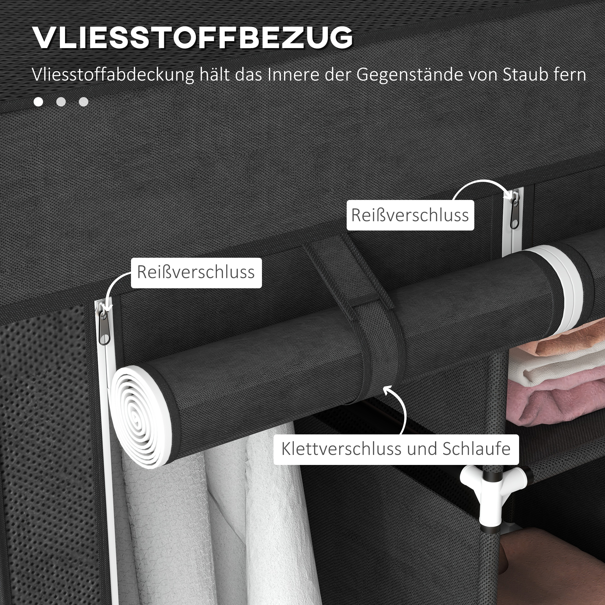 Stoffschrank aus Vlies, Faltschrank, inkl, 3 Schubladen, 125 cm x 43 cm x 162,5 cm, Schwarz