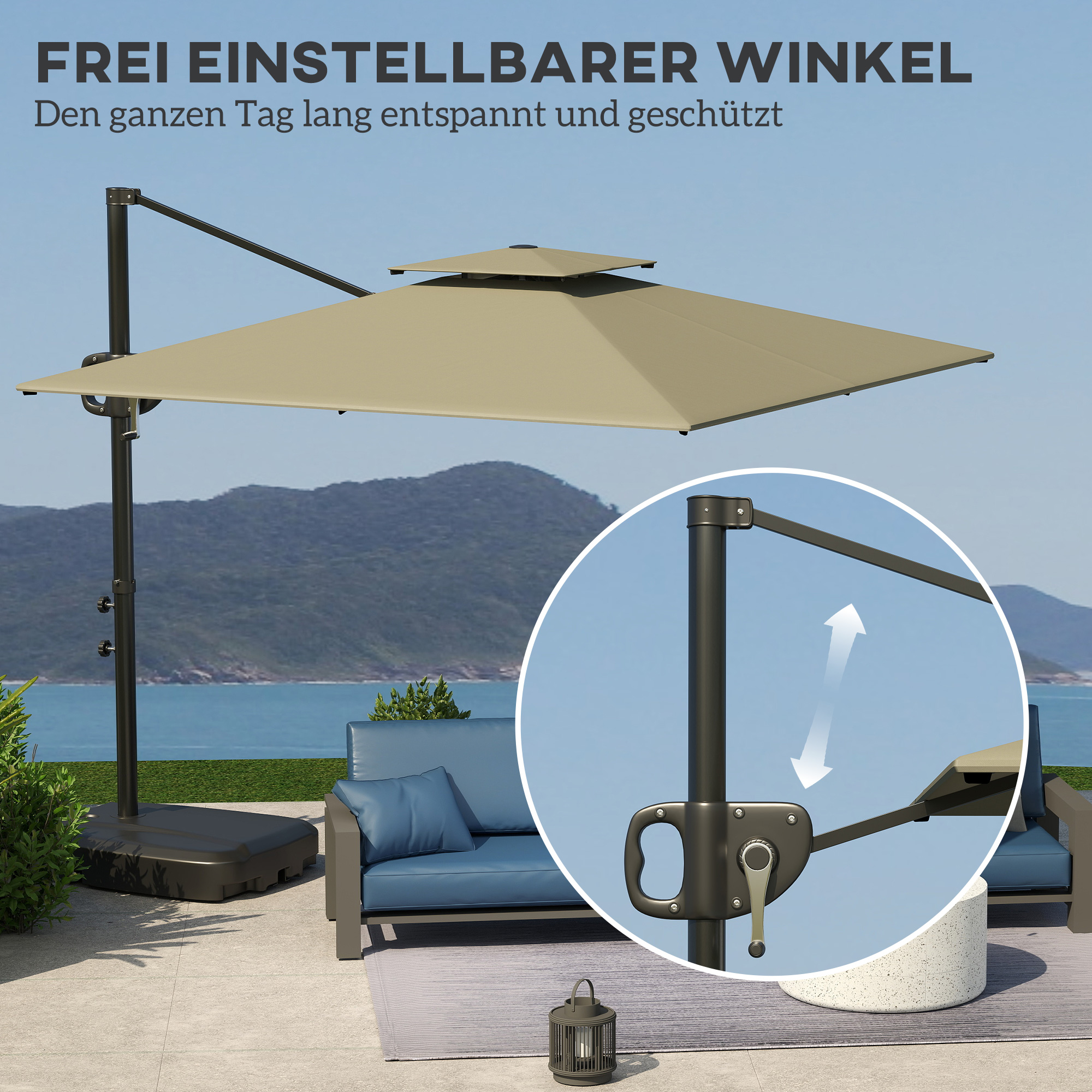 Ampelschirm 247 x 247cm neigbar Sonnenschirm mit Doppeldach Kurbel Ständer Wasserabweisend Hellgrau