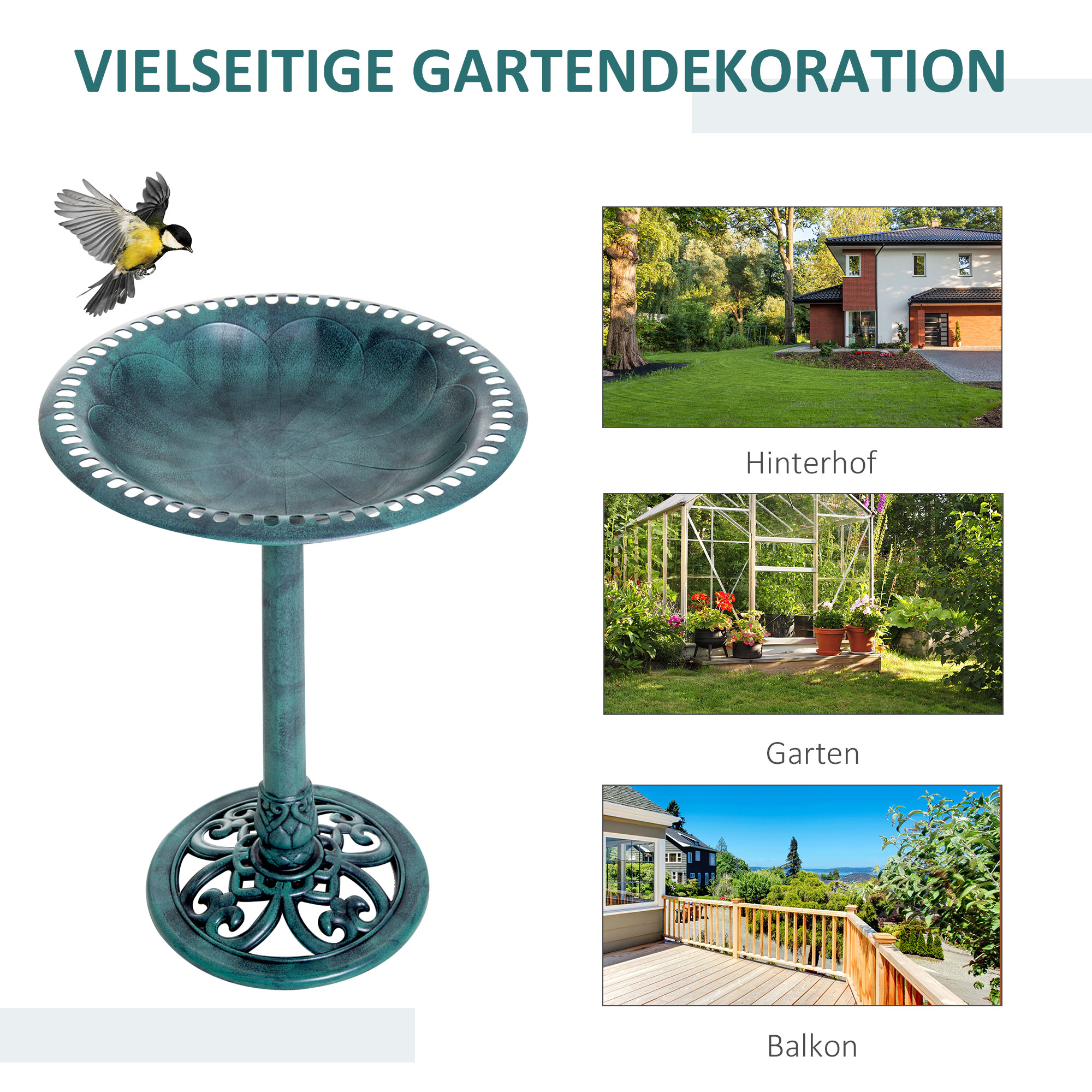 Vogeltränke Vogelbad Vintage Design, Shabby Chic, 50 cm × 50 cm × 69, 5cm, Grün