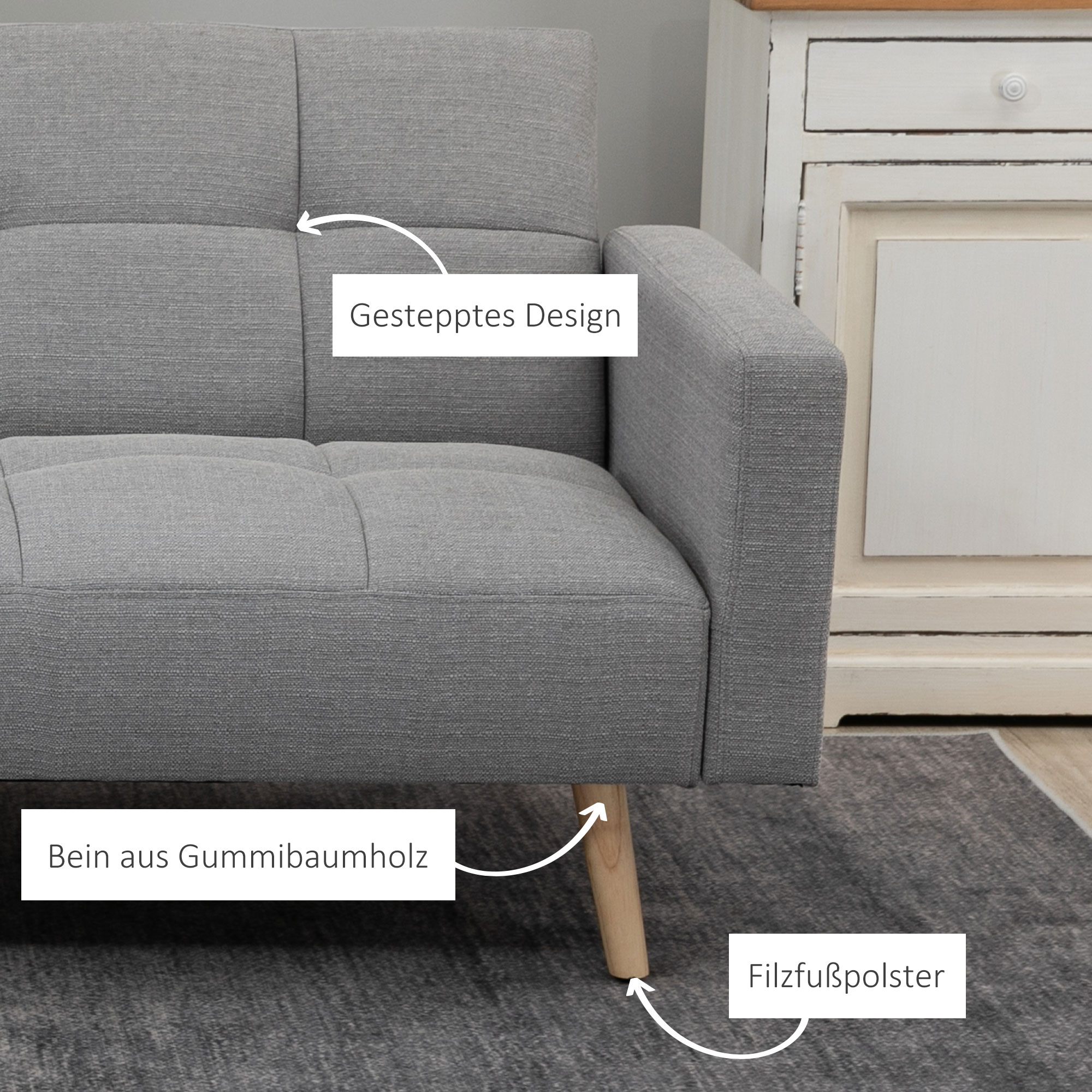 2 in 1 Schlafsofa 205 x 88 cm Sofa mit Bettfunktion, Couch mit Sitzkissen, Leinenoptik Grau
