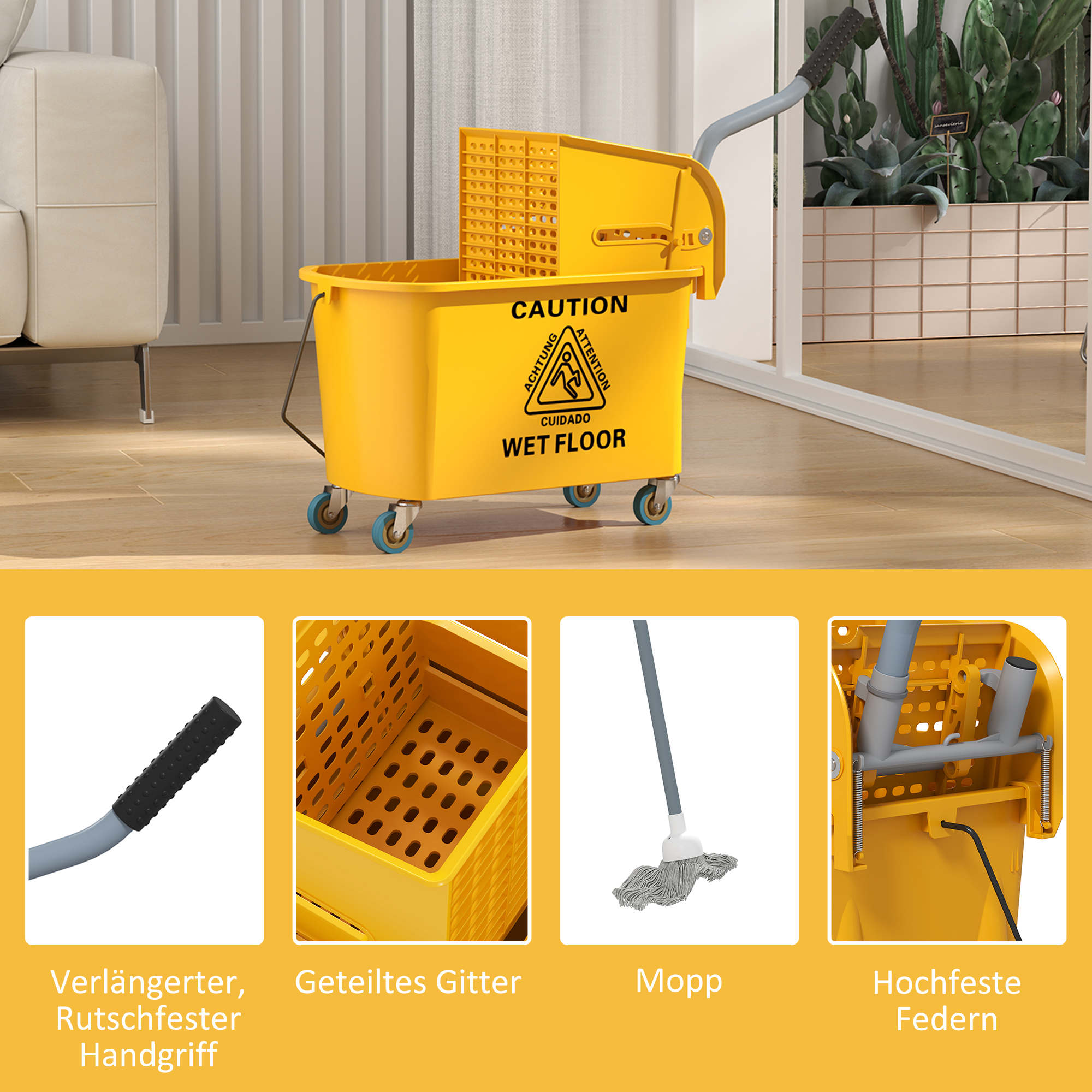 Reinigungswagen 20L Putzwagen mit Presse und Kehrgarnitur, Eimer inkl. Mopp, Rolle