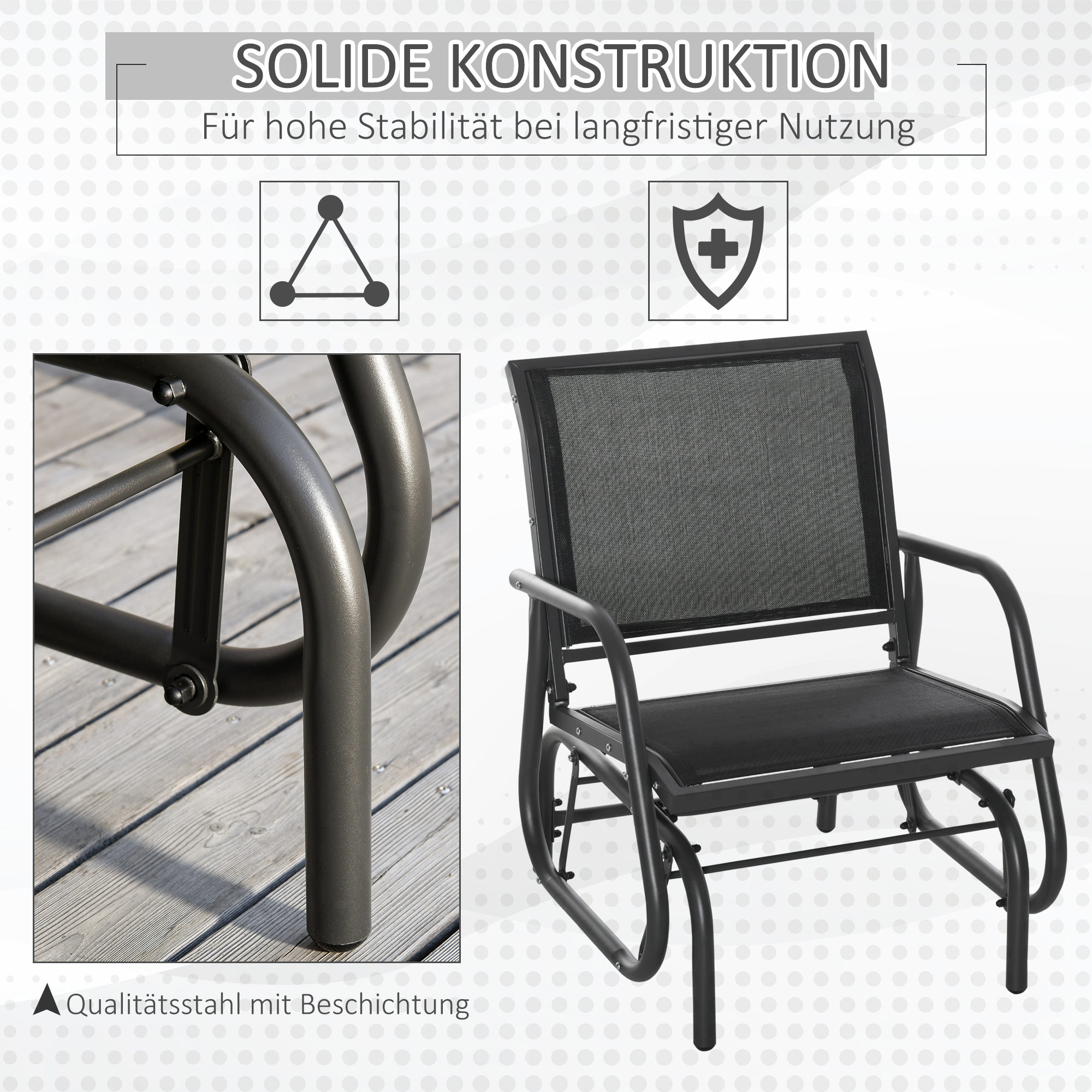 Schaukelstuhl Gartenstuhl aus Metall Schaukelsessel mit Armlehne Rückenlehne Gartenschaukel bis 120 kg belastbar Outdoor Relaxstuhl für Balkon Garten Terrassen Schwarz