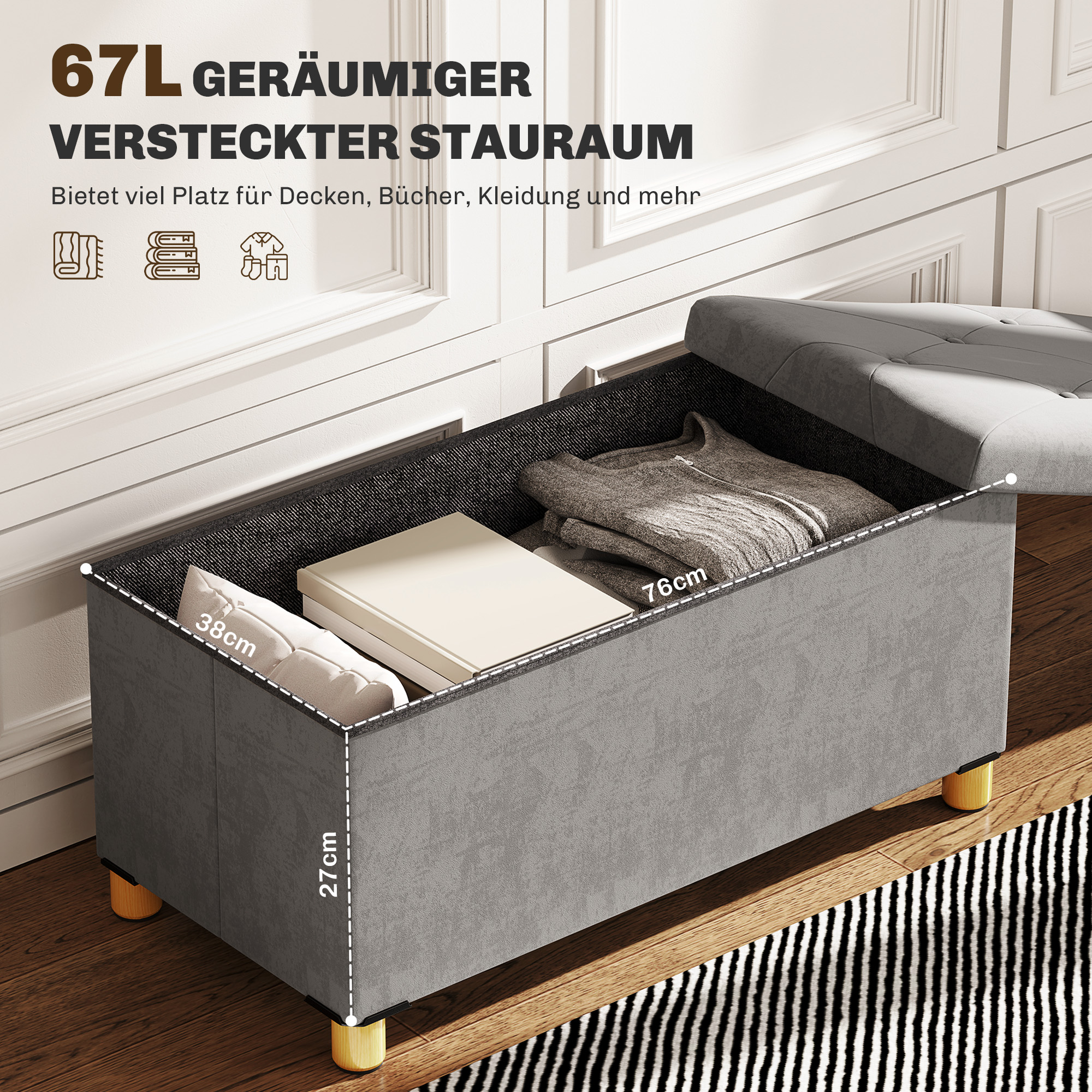 67 Liter Aufbewahrungsbank, mit Stauraum und Deckel, weicher Bezug in Samtoptik, für verschiedene Räume, Grau