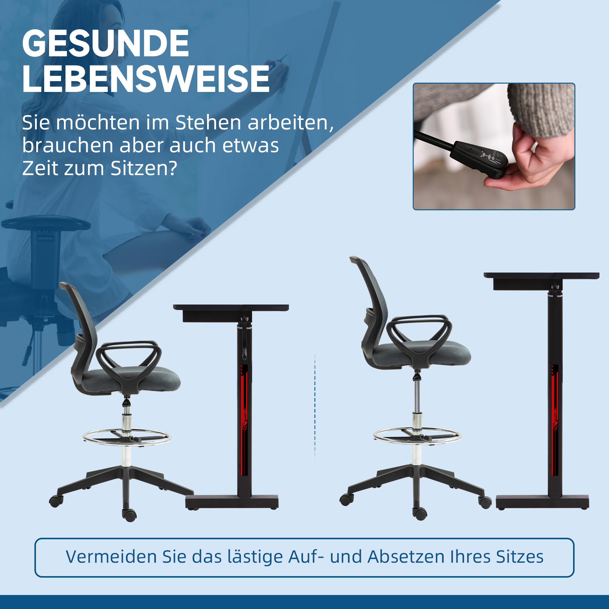 Bürostuhl Ergonomischer Schreibtischstuhl mit Armlehnen und Verstellbarer Fußring Netzbespannung Grau