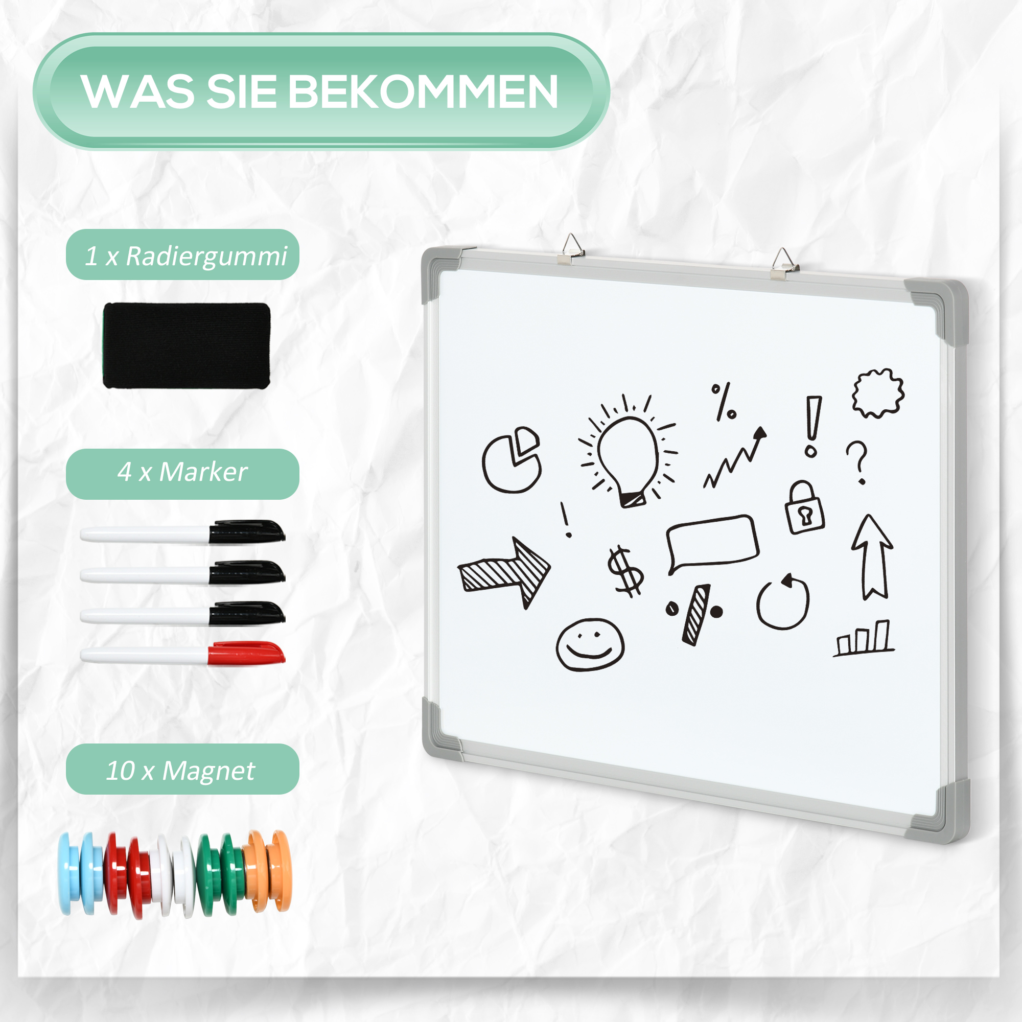 Whiteboard Magnettafel, leicht abwischbar, mit 4 Markern, 10 Magneten, 1 Radierer, 60 x 1,8 x 45cm