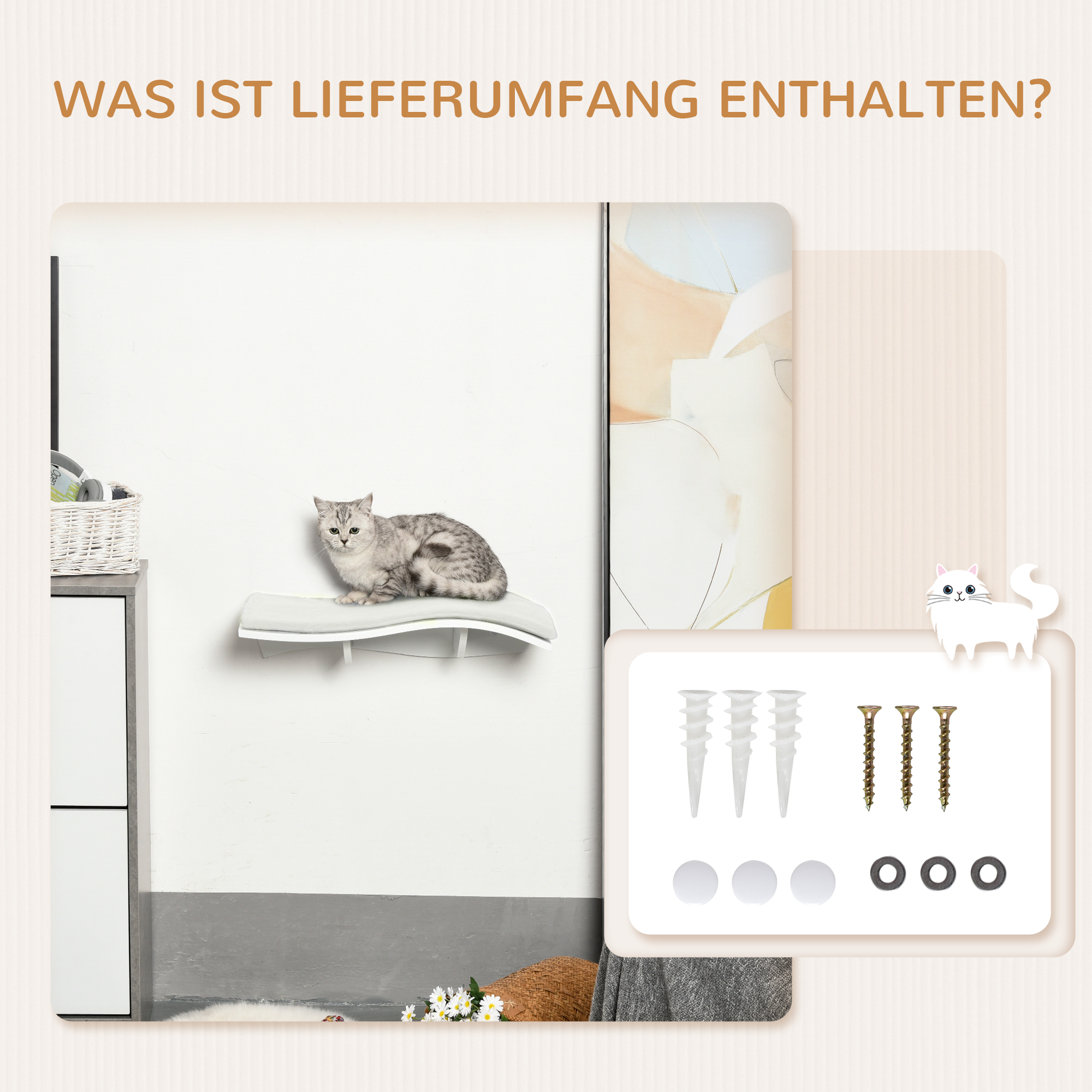 Katzen Kletterwand Katzenhängematte Katzenbett Wand Katzenregal Wandmontage Katzenmöbel Plüsch MDF Weiß 53 x 28 x 12 cm