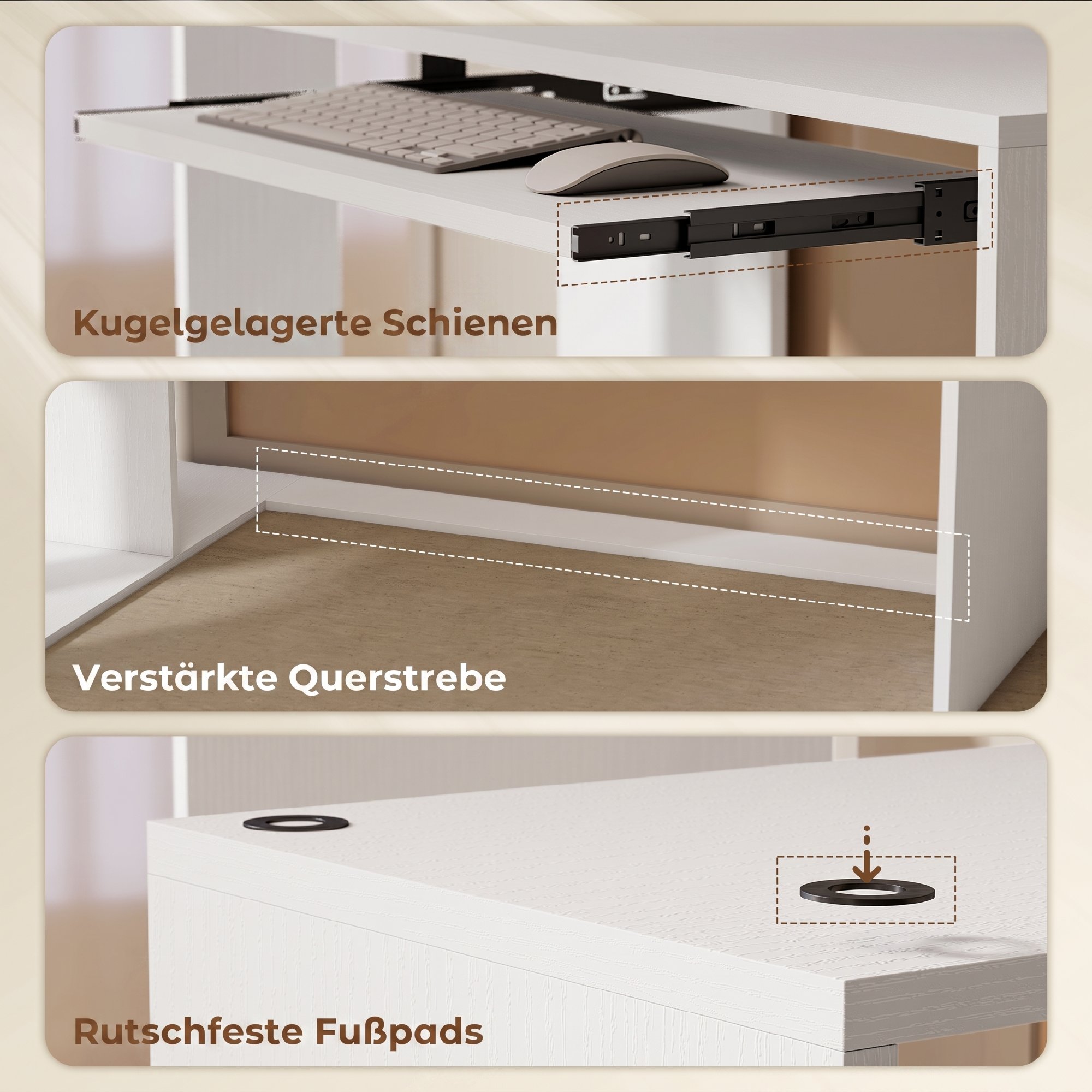 Eckschreibtisch, Computertisch mit Tastaturauszug und offenen Ablagen, weißer Holz-Look