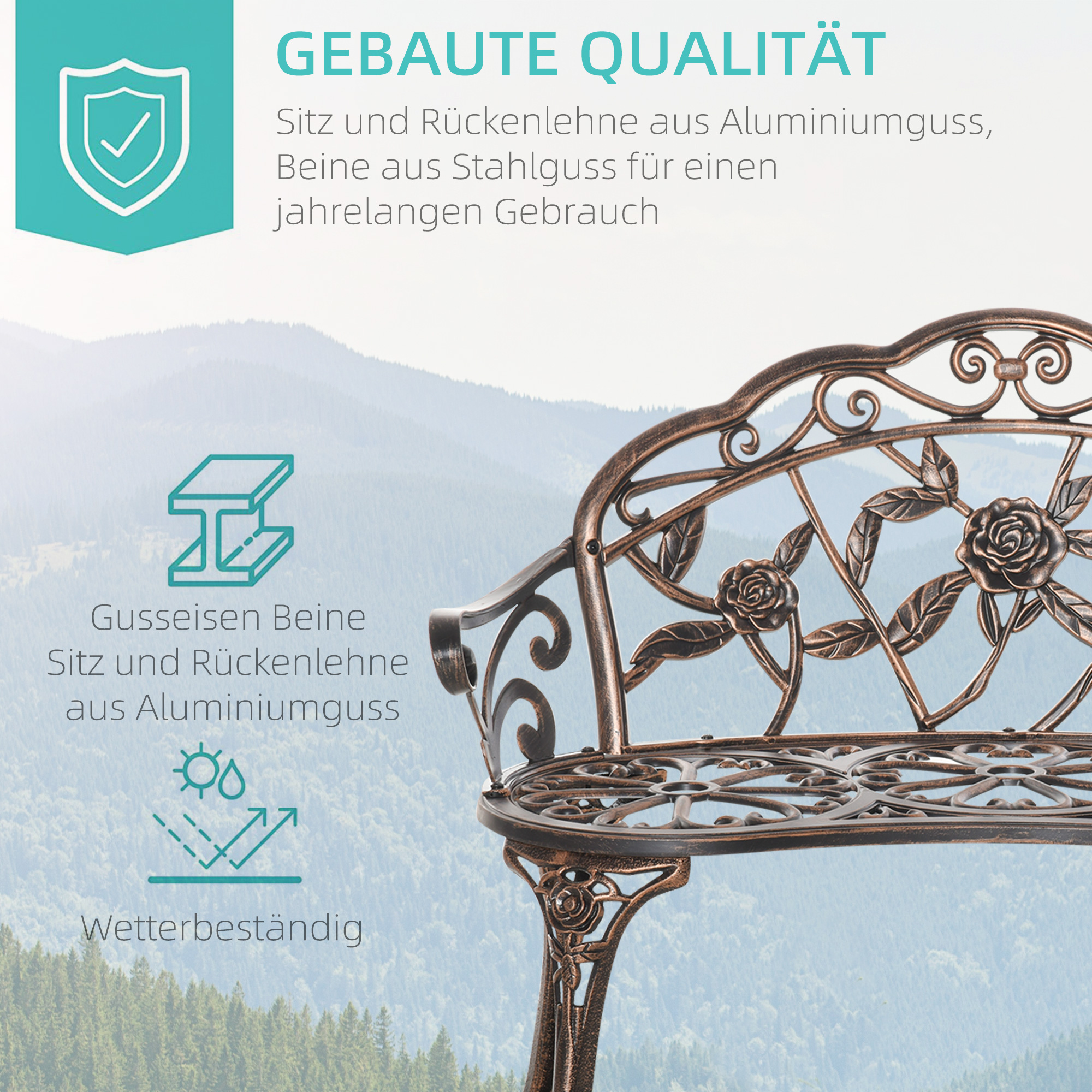 Gartenbank 2-Sitzer aus Metall, Sitzbank im Retro Stil, Parkbank mit Blumenmuster 100 x 54 x 78 cm, Bronze