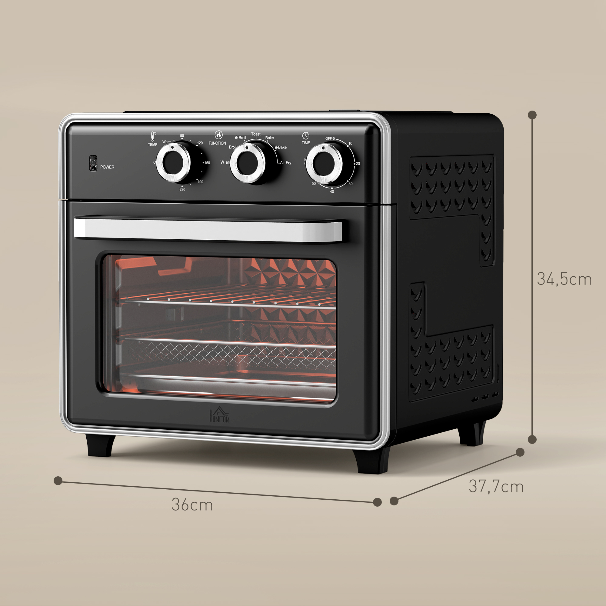 Minibackofen, 20L, 5 Funktionen, 360° Heißluft, Grillrost, Krümelblech, Schwarz