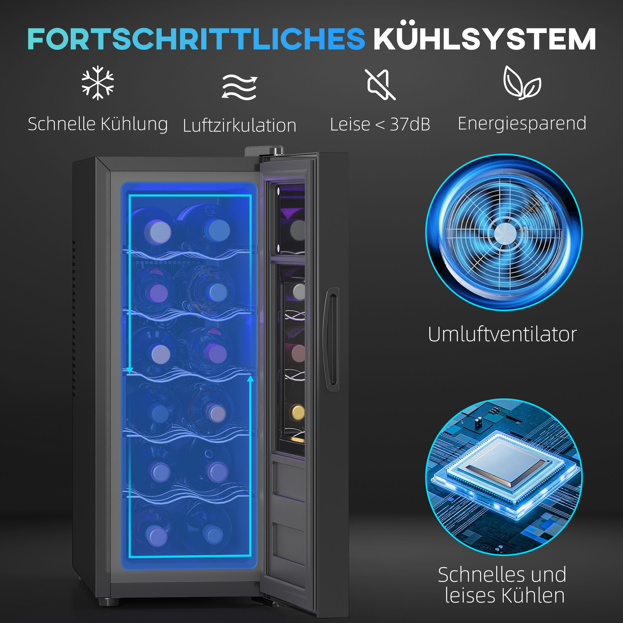 Weinkühlschrank für 12 Flaschen, mit Glastür, Getränkekühlschrank mit LED-Licht, Touch-Screen, Schwarz
