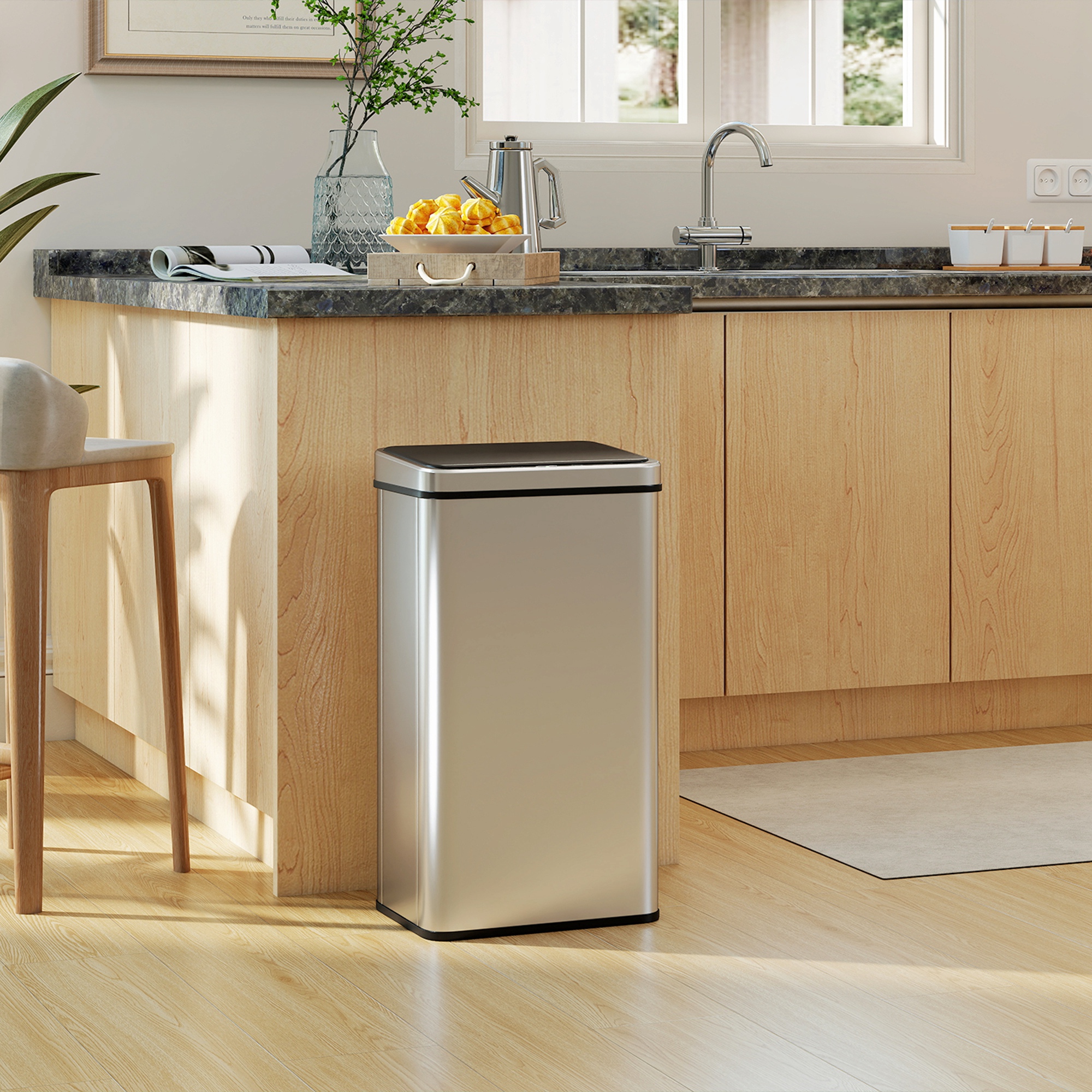 Sensor Mülleimer 50L Edelstahl Automatischer Mülleimer mit Soft-Close-Deckel Bewegungssensor 35,5 x 26 x 67 cm Silber