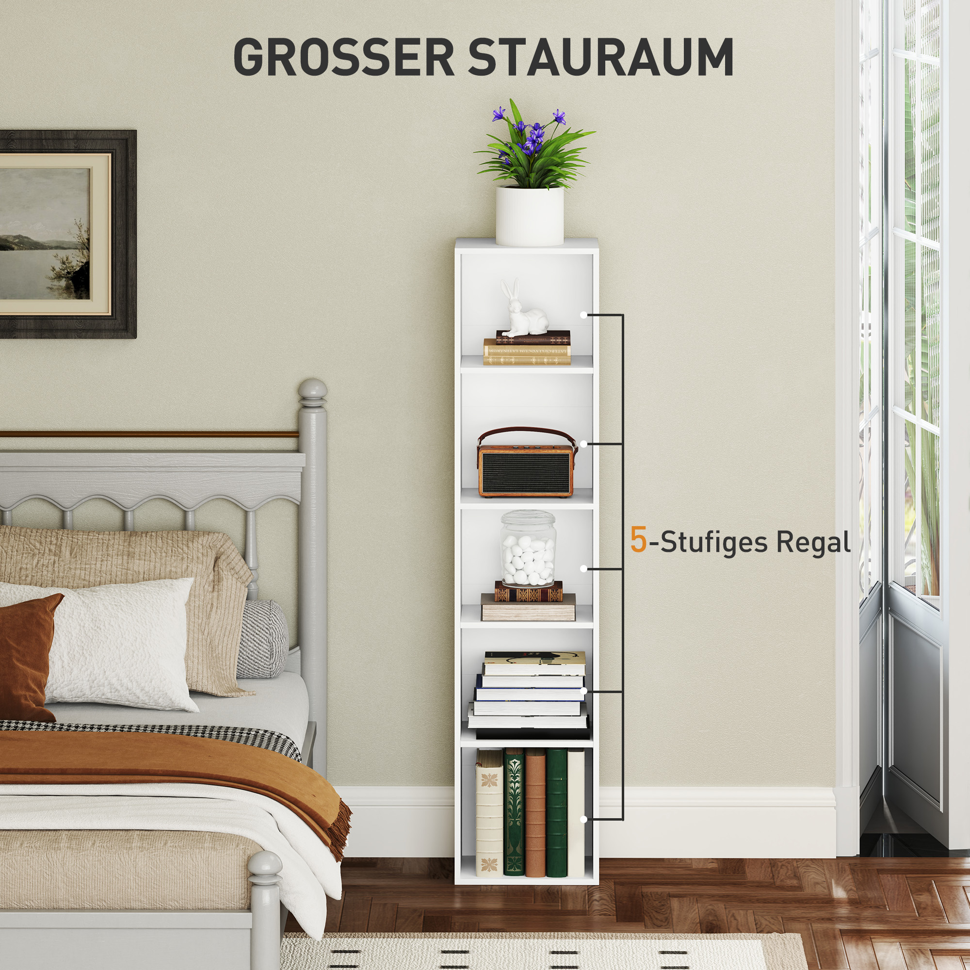 Bücherregal, 5 Fächer, verstellbare Regale, Holz, 30 x 24 x 133,5 cm, Weiß