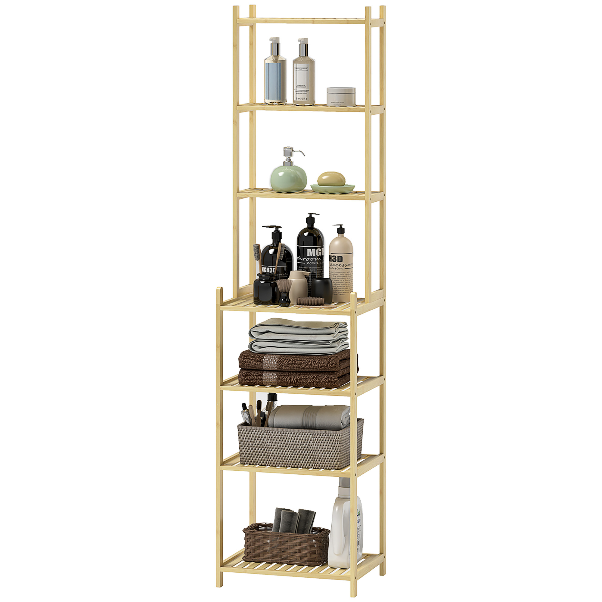 Badezimmerregal mit 7 Ebenen, Badregal aus Bambus, wasserfest, robust, 180 cm