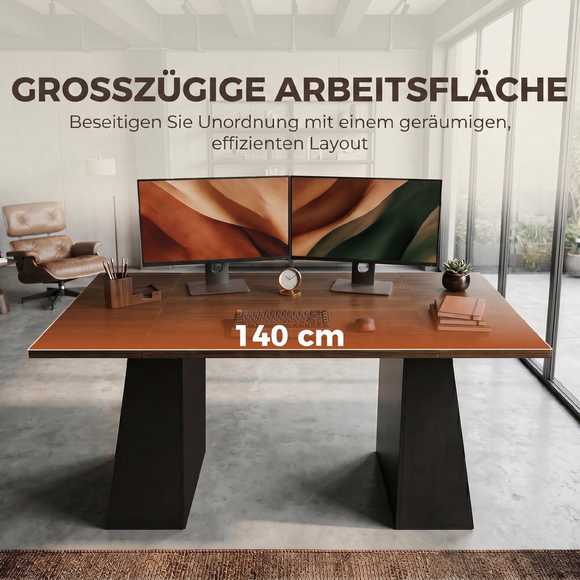 Schreibtisch mit 4 offenen Ablagen, Industrial Design, 140 cm, Braun-Schwarz