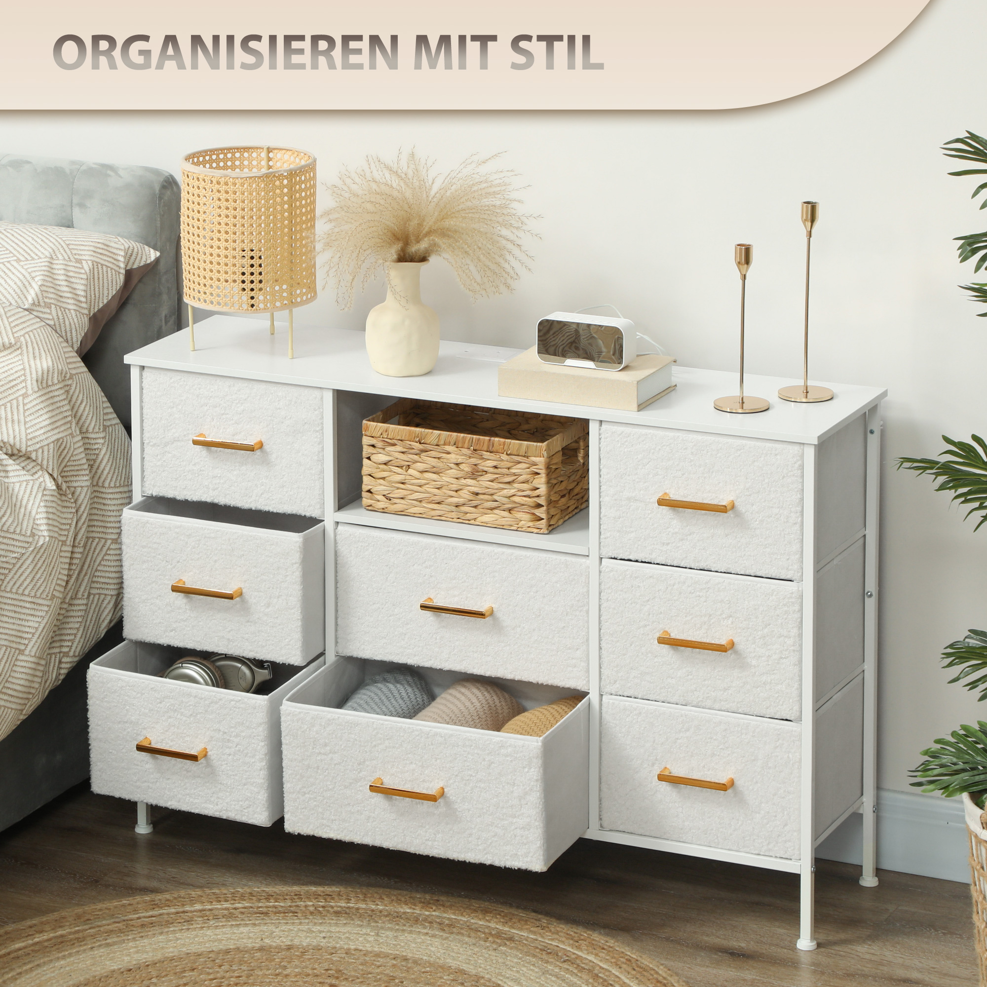 Kommode, Aufbewahrungsschrank mit 8 Schubladen aus Stoff, Steckdosenleiste, Stahlrahmen, Schubladenschrank für Flur, Schlafzimmer, Wohnzimmer und Büro, Cremeweiß
