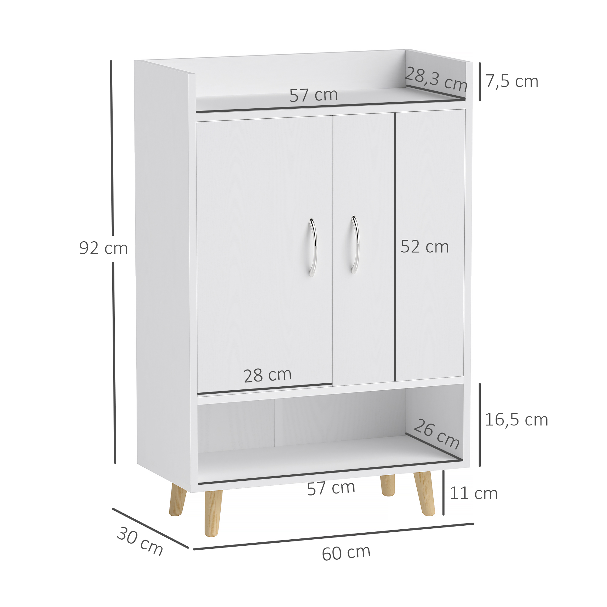 Schuhschrank, Schuhregal mit Türen und Regalen, für Flur, moderne Schuhkommode, Schuhablagen, 60 x 30 x 92 cm, Weiß