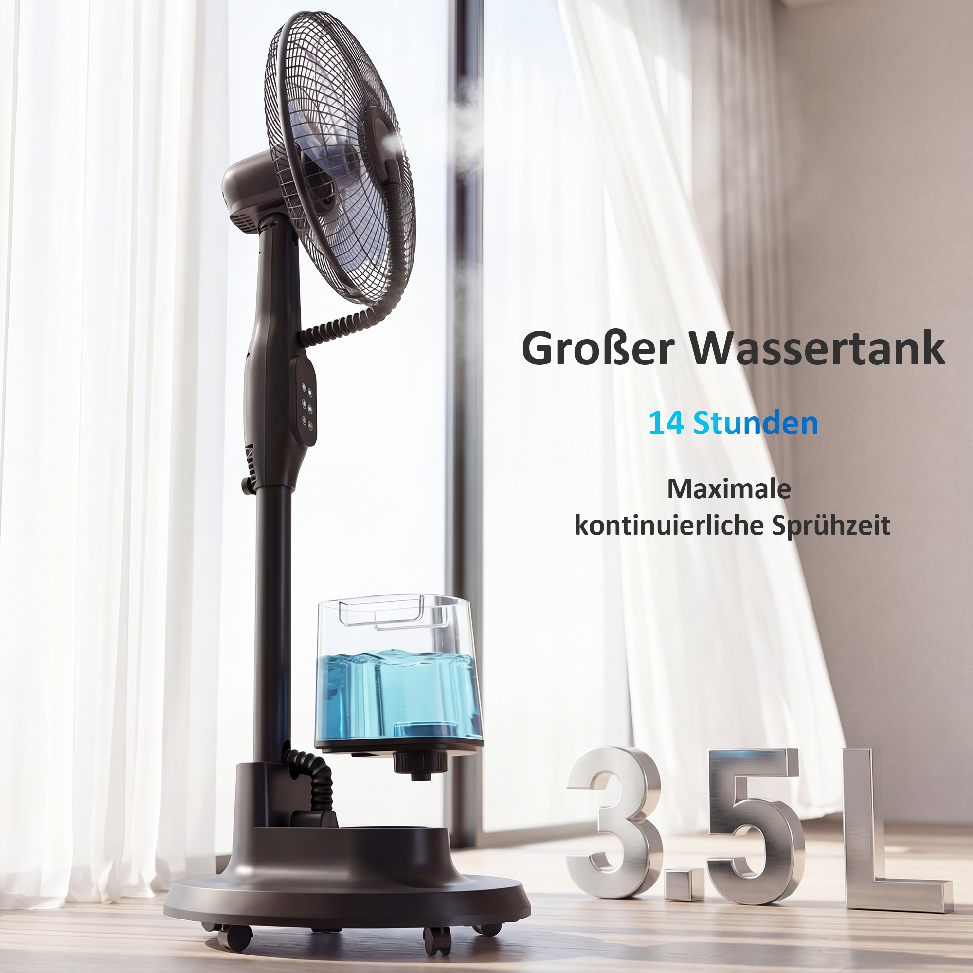 Stehventilator mit Sprühnebel, 70° Oszillation, 3 Geschwindigkeiten, 3 Modi, 3,5L Wassertank, Schwarz