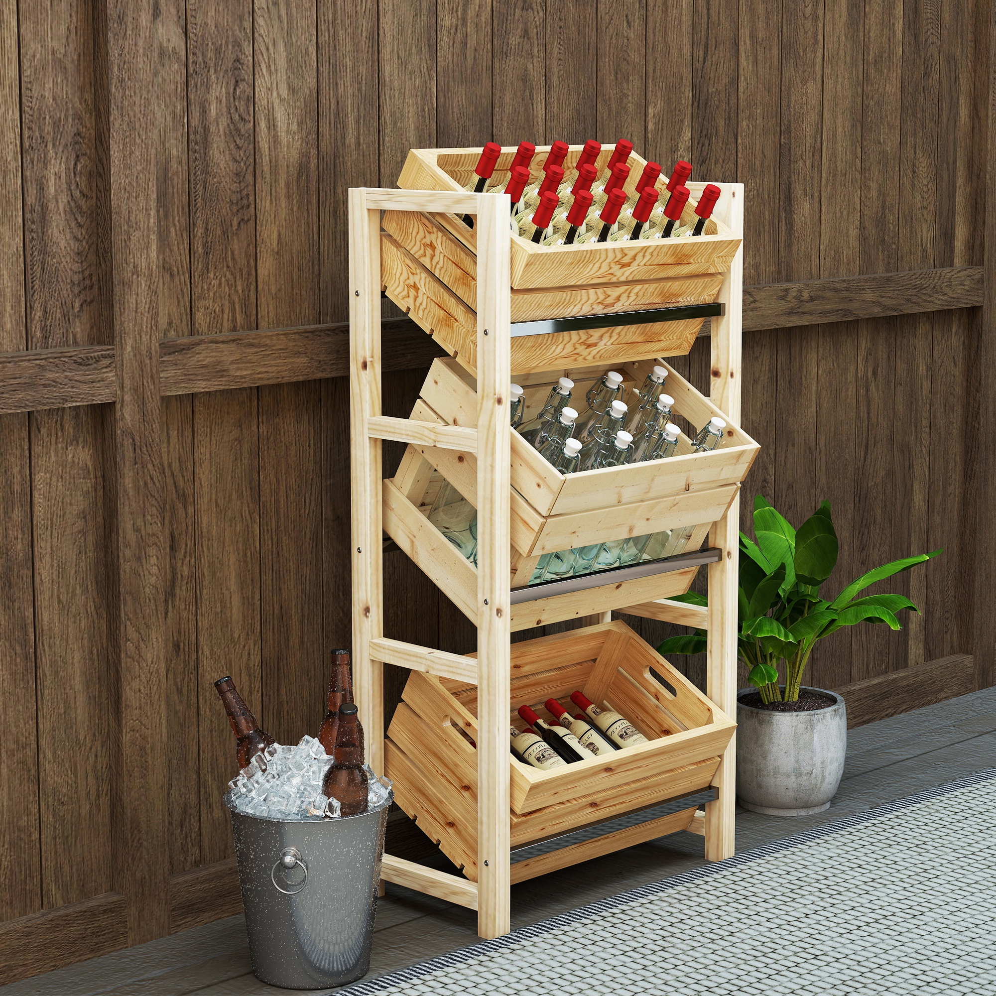 Getränkekistenregal für 3 Getränkekisten Getränkeregal Holz Kistenregal mit 3 Ebenen 56 x 32 x 112 cm Naturholz