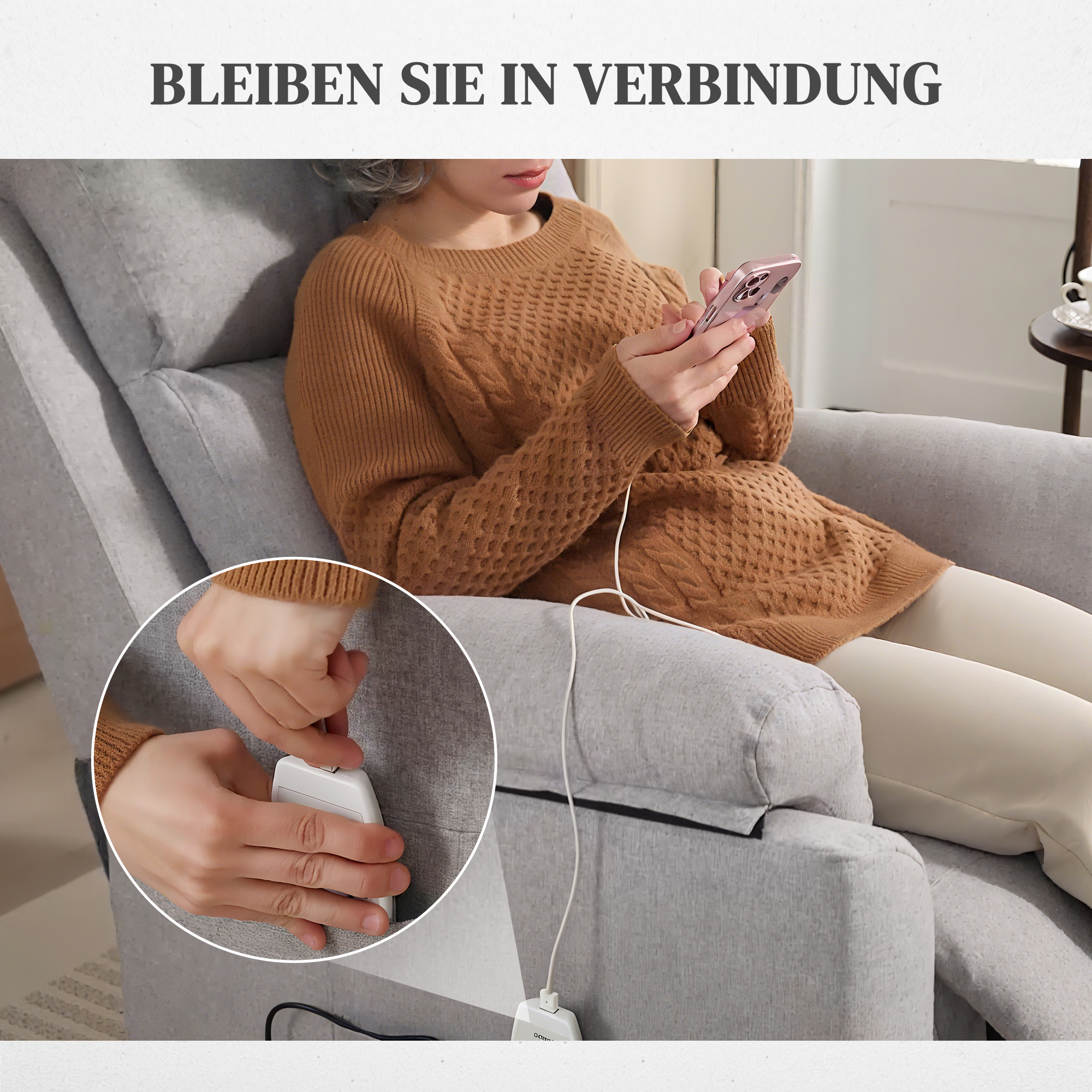 Elektrischer Aufstehsessel, Sessel mit Aufstehhilfe, Relaxsessel mit Schlaffunktion, Leinenoptik, 83 x 89 x 102 cm, Grau